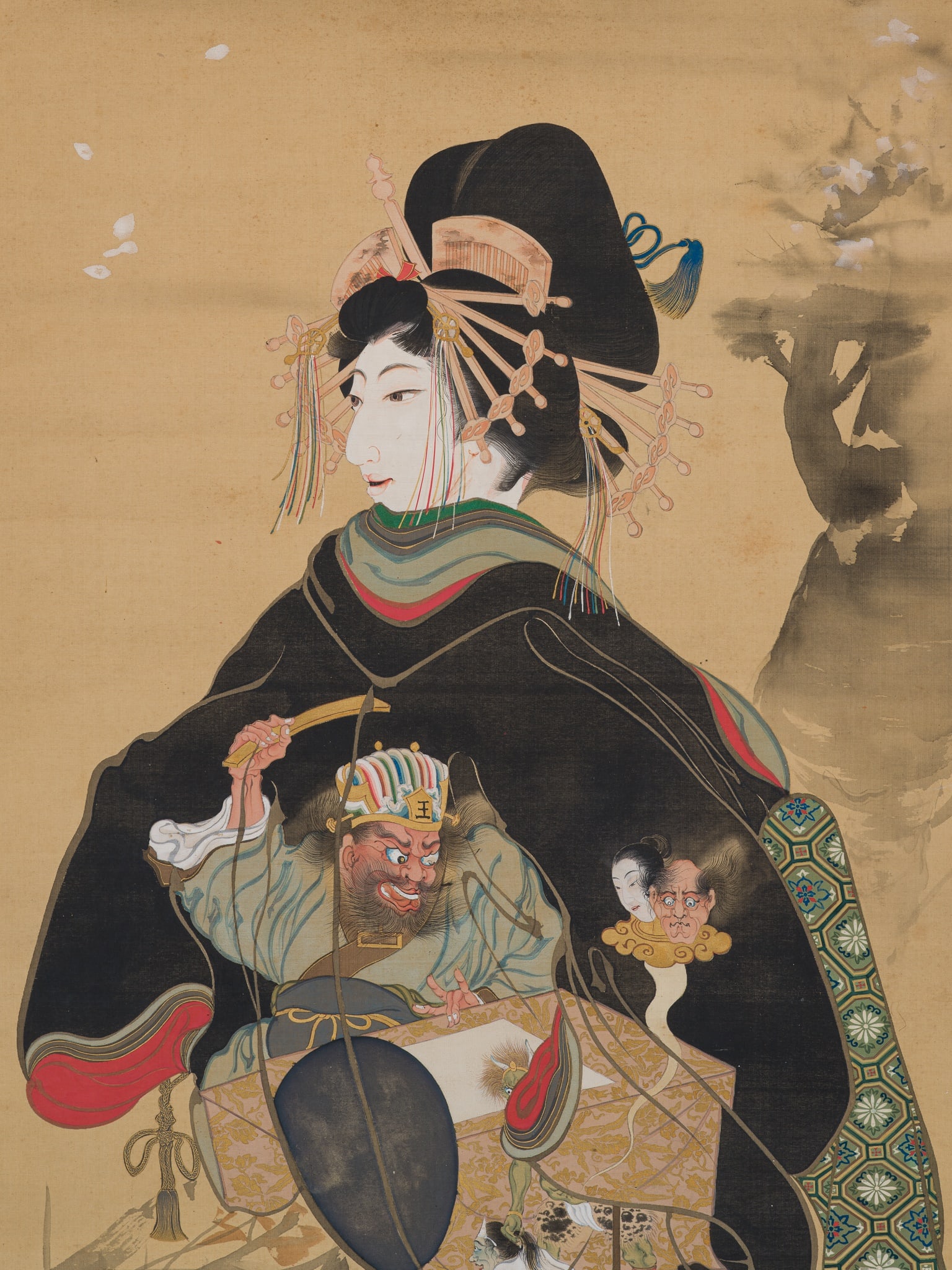 UTAGAWA HOSAI: JIGOKU DAYU (HELL COURTESAN): UTAGAWA HOSAI: JIGOKU DAYU (HELL COURTESAN) By Utagawa Hosai, signed Hosai hitsu and seal Seisei Kisen Japan, Meiji period (1868-1912) Ink, watercolors, and gouache on silk. Mounted as a hanging scrol
