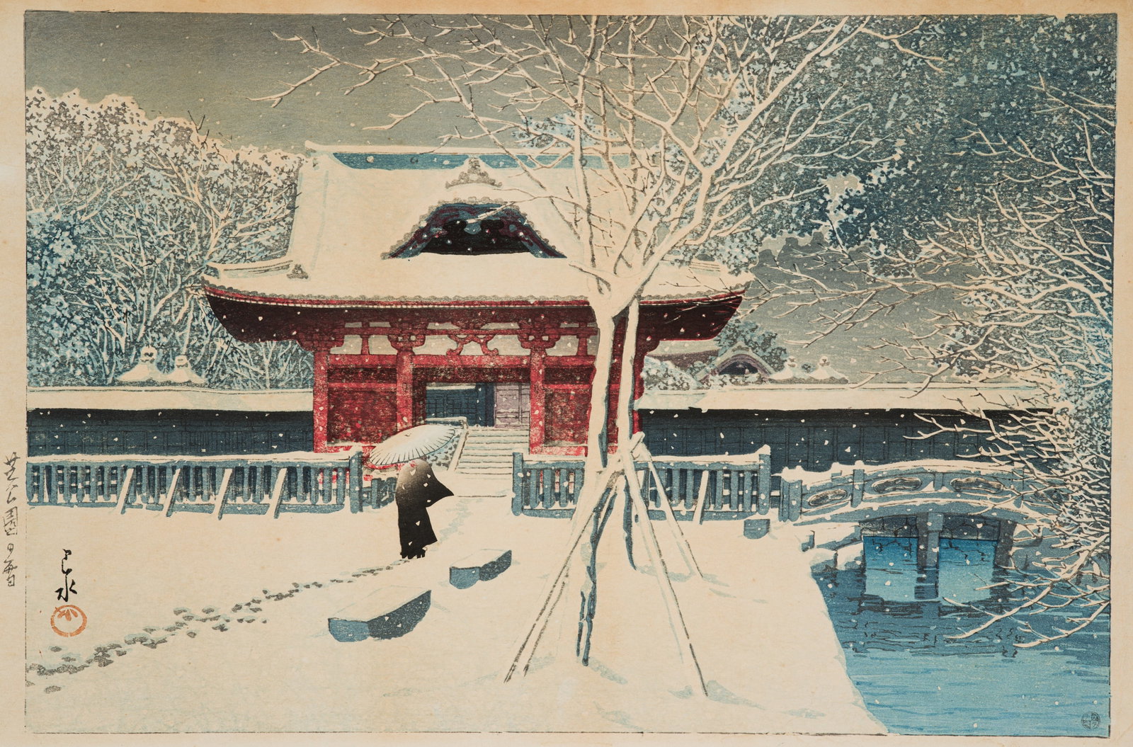 KAWASE HASUI: SNOW AT SHIBA PARK, TOKYO: KAWASE HASUI: SNOW AT SHIBA PARK, TOKYO By Kawase Hasui (1883-1957), signed Hasui and sealed Kawase Japan, dated January 1931 Color woodblock print on paper. Horizontal oban. Signed Hasui and sealed K