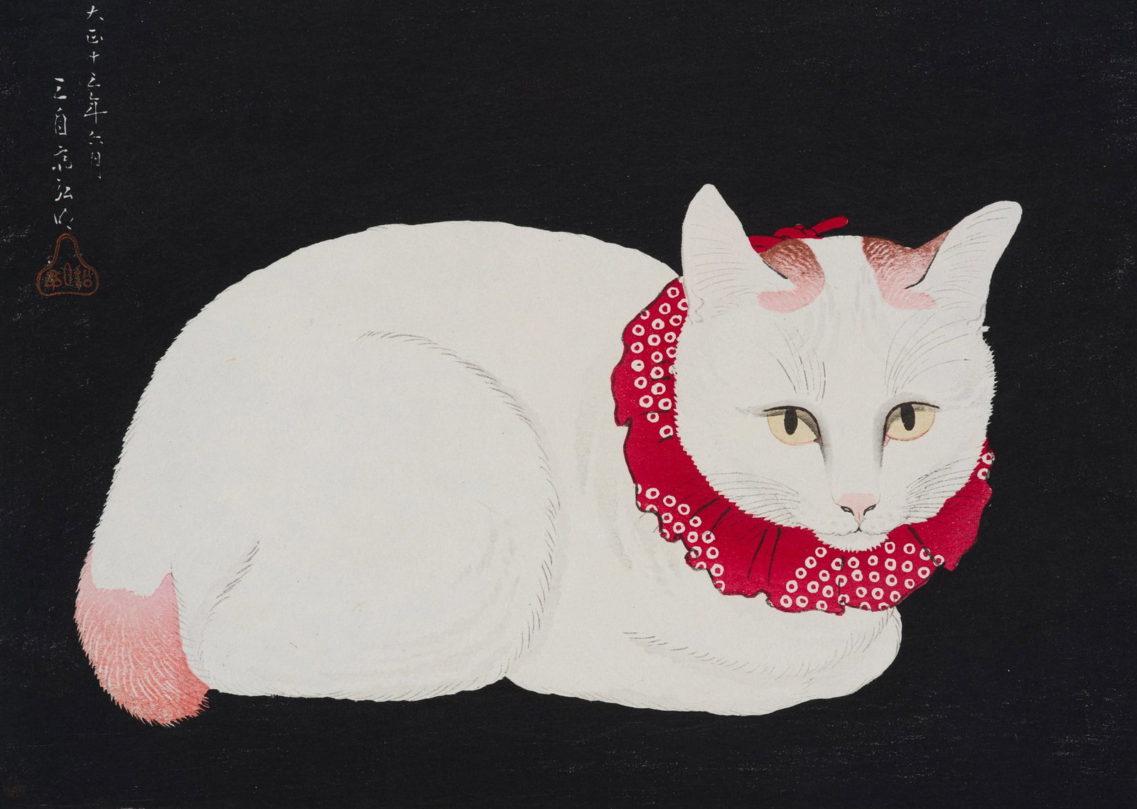 TAKAHASHI HIROAKI: WHITE CAT TAMA: TAKAHASHI HIROAKI: WHITE CAT TAMA By Takahashi Hiroaki (1871-1945), signed Sanji okina Hiroaki and sealed Shotei Japan, dated 1924 Color woodblock print on paper. Horizontal oban. Signed Sanji okina H