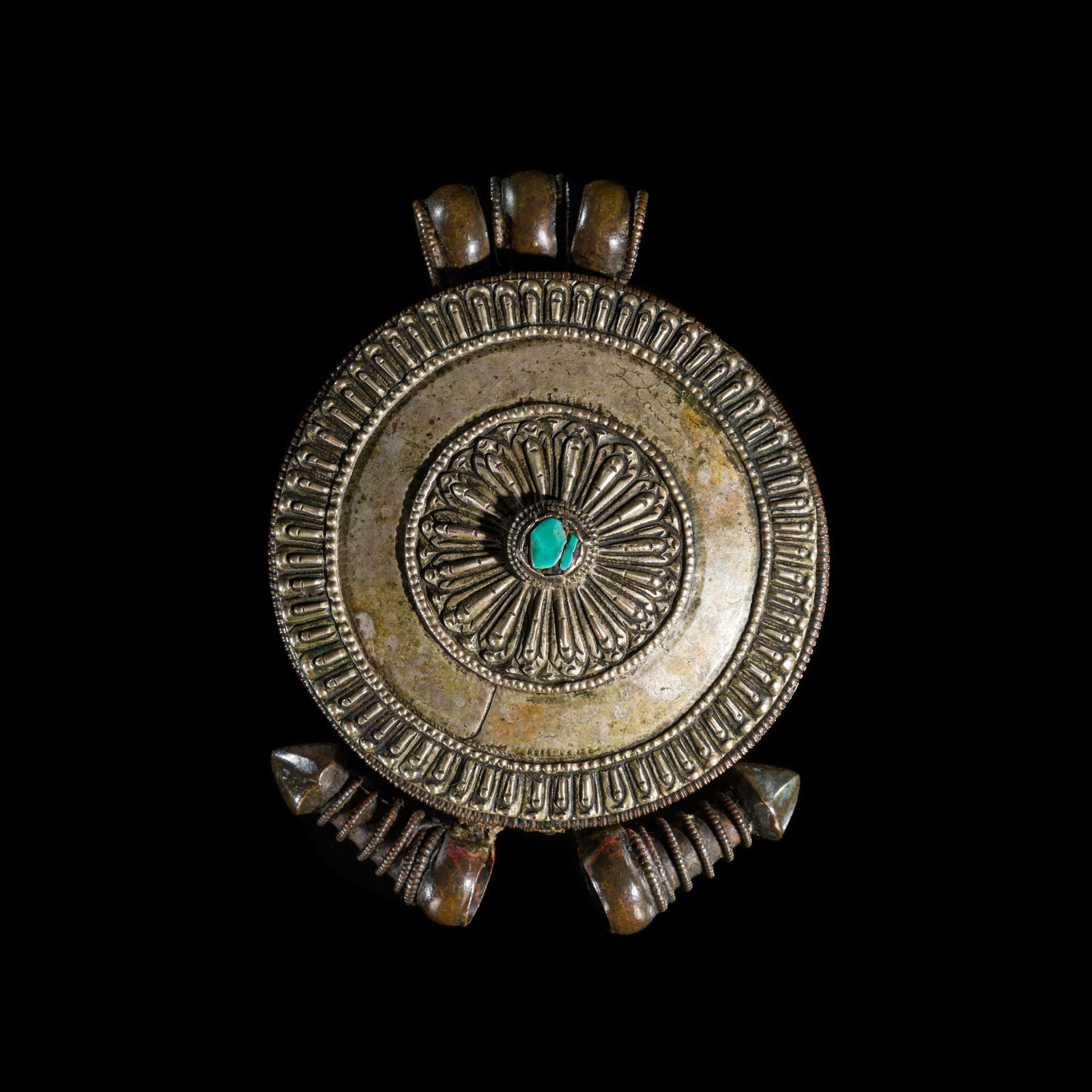 A TURQUOISE-INLAID SILVER-MOUNTED COPPER AMULET BOX AND COVER, GAU, 18TH-19TH CENTURY (1 of 9)