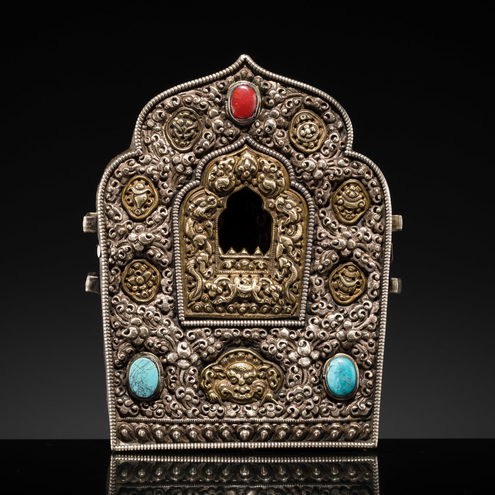 A CORAL AND TURQUOISE-INLAID PARCEL-GILT MIXED-METAL PORTABLE SHRINE, GAU, 19TH-EARLY 20TH CENTURY (1 of 13)