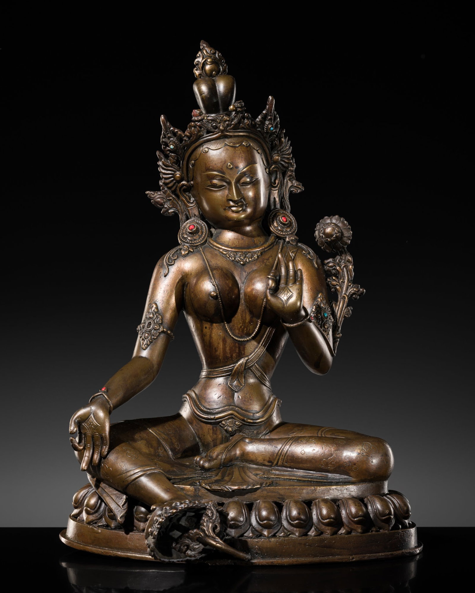 AN INLAID BRONZE FIGURE OF GREEN TARA, NEPAL, 19TH-MID 20TH CENTURY (1 of 14)