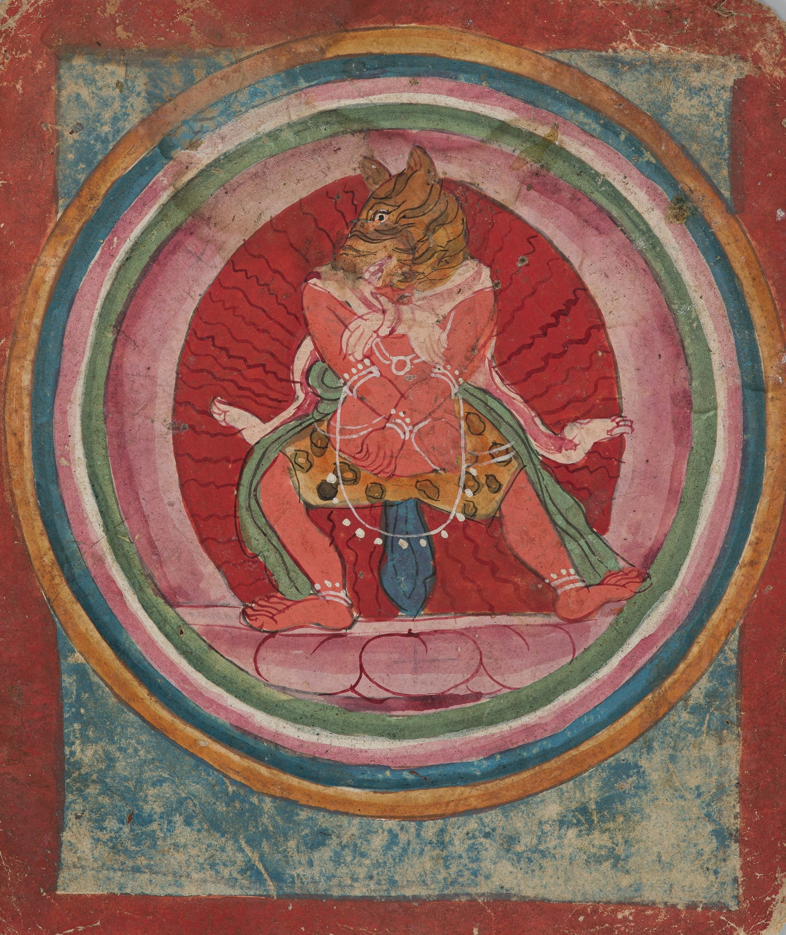 A BARDO TSAKLI (INITIATION CARD) DEPICTING A TIGER-HEADED DEITY, TIBET, 16TH-17TH CENTURY (1 of 6)