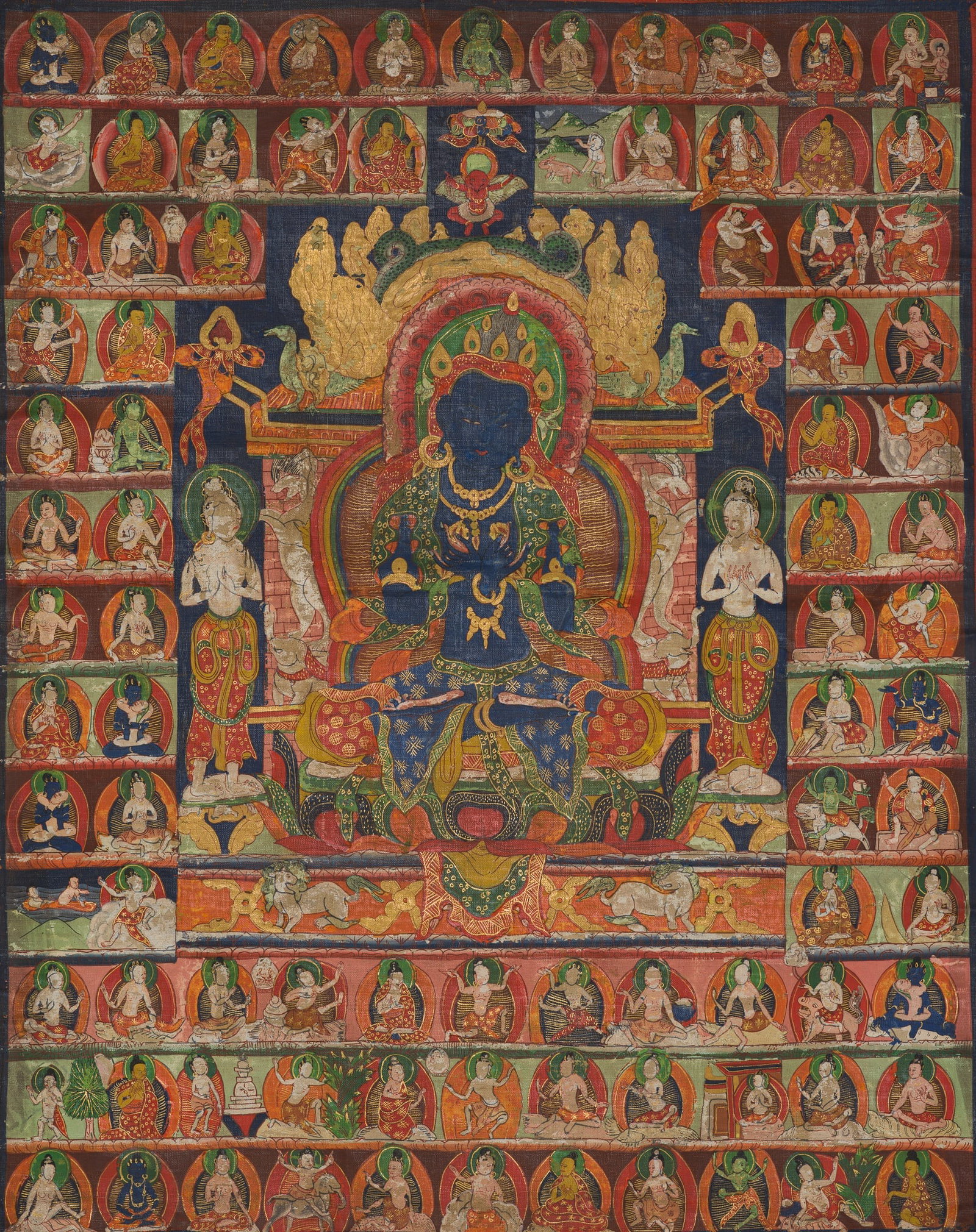 A THANGKA OF VAJRADHARA AND THE EIGHTY-FOUR MAHASIDDHAS, TIBET, 16TH-17TH CENTURY (1 of 7)