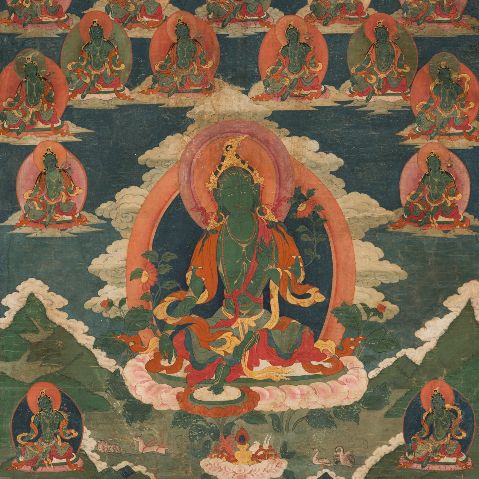 A VERY RARE 'TWENTY-ONE IMAGES OF GREEN TARA' THANGKA, TIBET, 17TH-18TH CENTURY, EX ULRICH VON: A VERY RARE 'TWENTY-ONE IMAGES OF GREEN TARA' THANGKA, TIBET, 17TH-18TH CENTURY, EX ULRICH VON SCHROEDER Expert's note: The composition presents a rare and compelling interpretation of the Twenty-One 