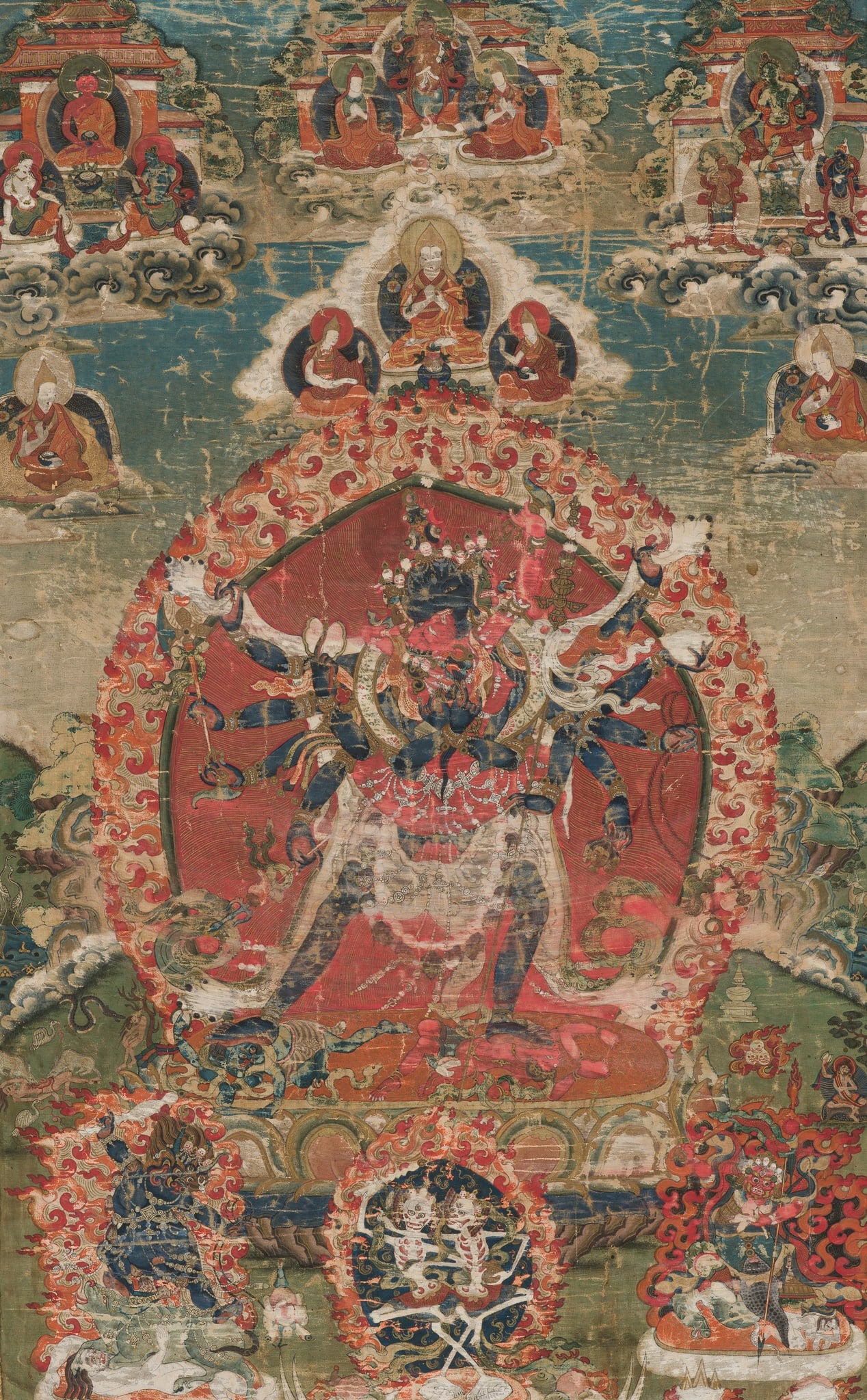 A RARE THANGKA OF CHAKRASAMVARA AND VAJRAVARAHI, TIBET, 17TH-18TH CENTURY: A RARE THANGKA OF CHAKRASAMVARA AND VAJRAVARAHI, TIBET, 17TH-18TH CENTURY Gold and distemper on cloth. Mounted as a hanging scroll on a silk brocade frame with copper roller ends. The wrathful deity w