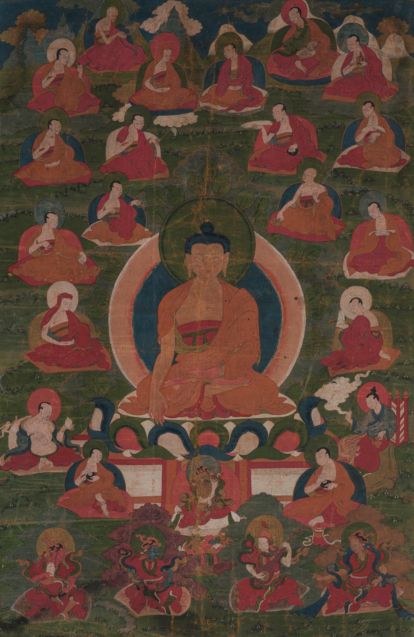 A FINE THANGKA OF BUDDHA SHAKYAMUNI WITH THE SIXTEEN ARHATS, TIBET, 18TH-19TH CENTURY (1 of 9)