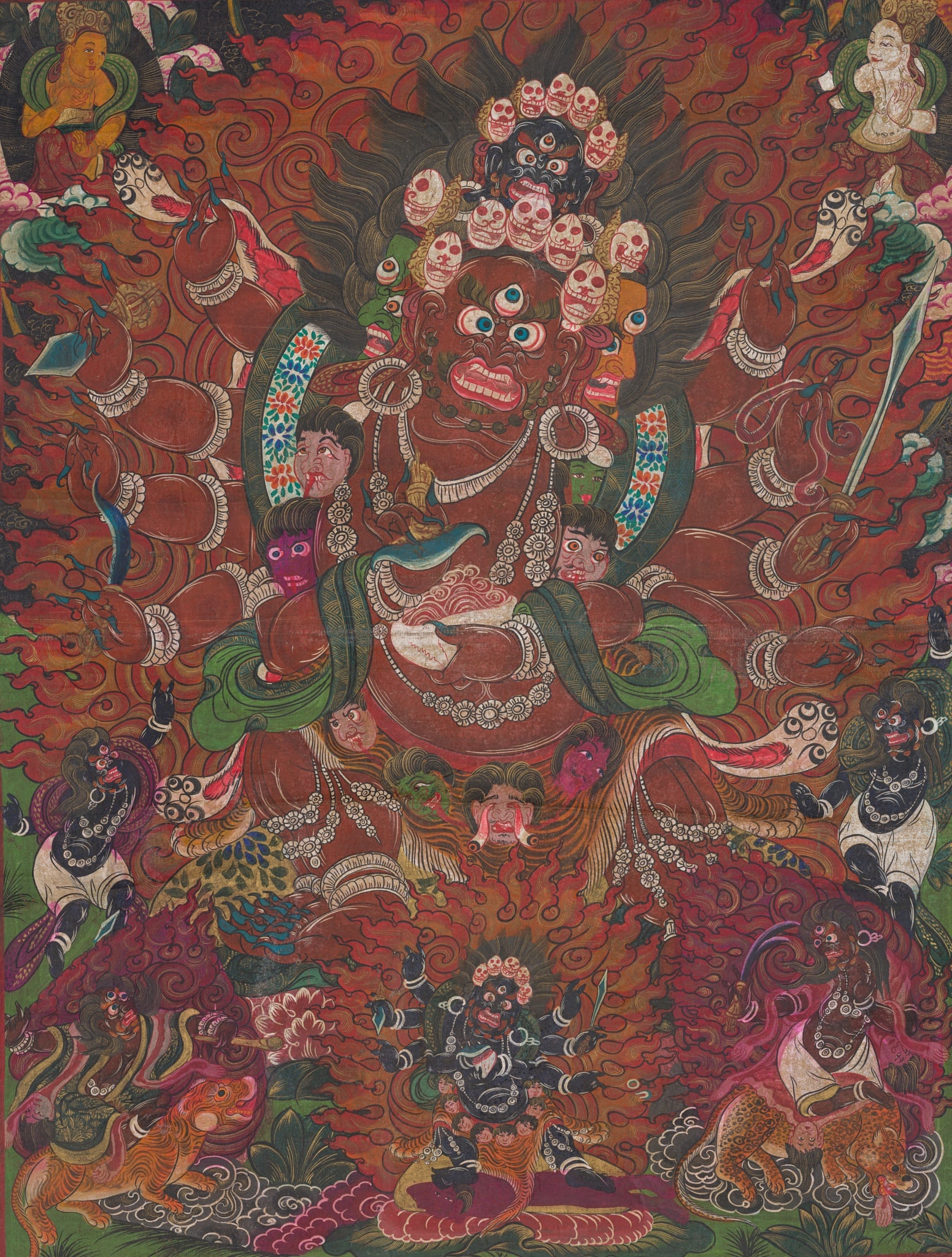 A VERY LARGE THANGKA DEPICTING A RARE MANIFESTATION OF CHATURMUKHA MAHAKALA, TIBET, 18TH-19TH (1 of 10)