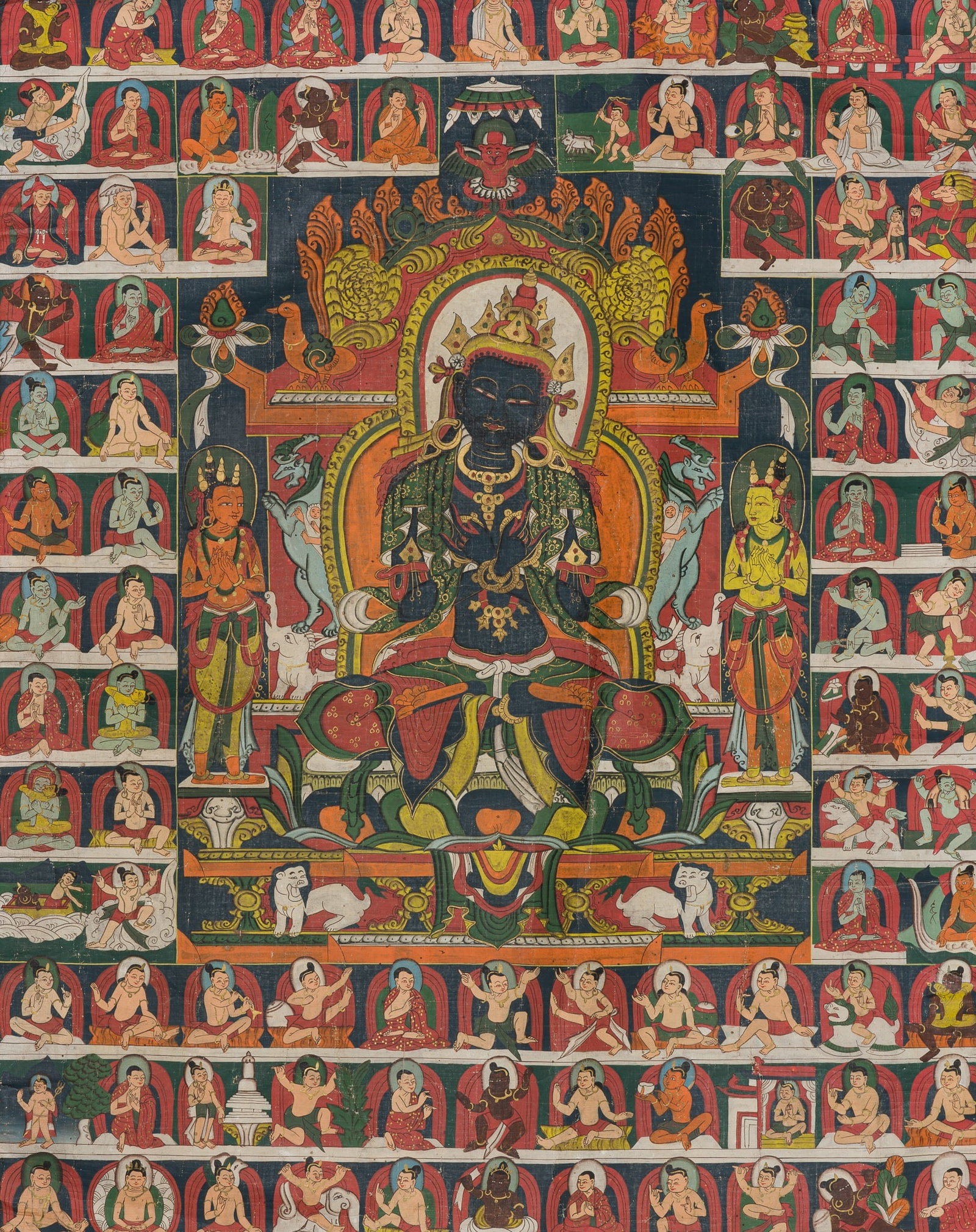 A THANGKA OF VAJRADHARA AND THE EIGHTY-FOUR MAHASIDDHAS, TIBET, 19TH-20TH CENTURY (1 of 7)