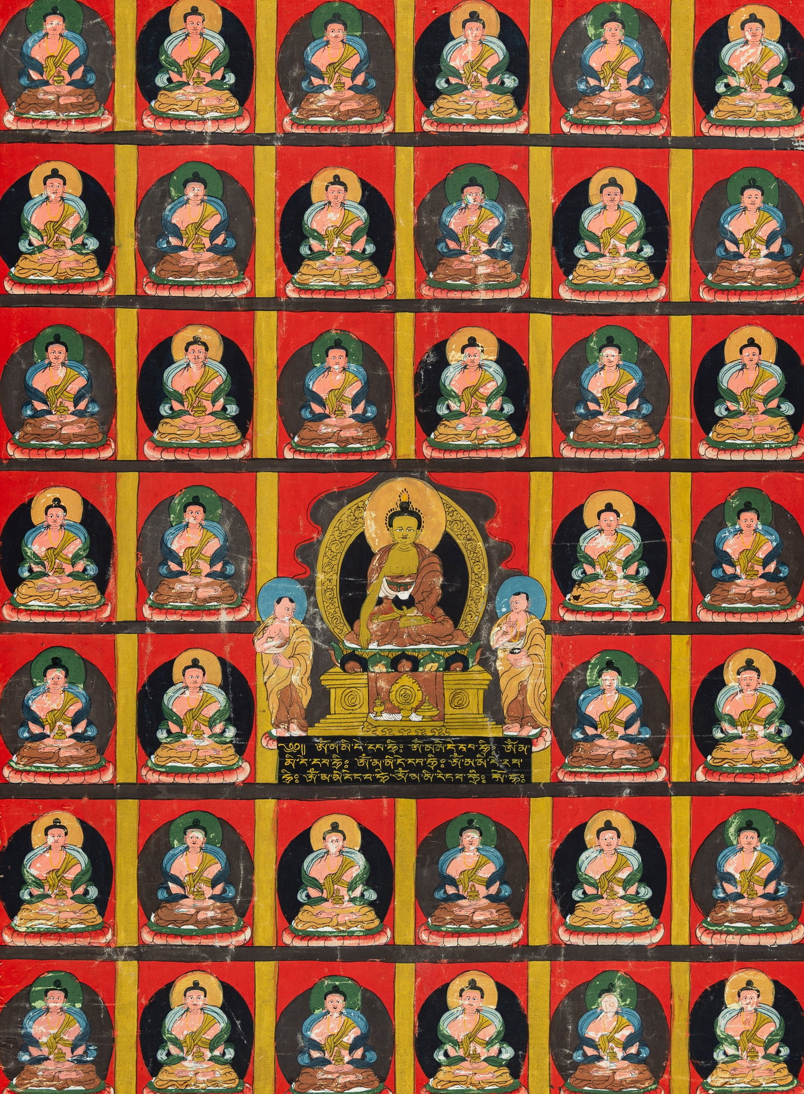 A THANGKA OF CONFESSIONAL BUDDHAS, 20TH CENTURY: A THANGKA OF CONFESSIONAL BUDDHAS, 20TH CENTURY Himalayan region. Distemper and gold on cloth. Mounted on fabric and set inside a frame. The central Buddha seated in dhyanasana on a lotus throne, one 