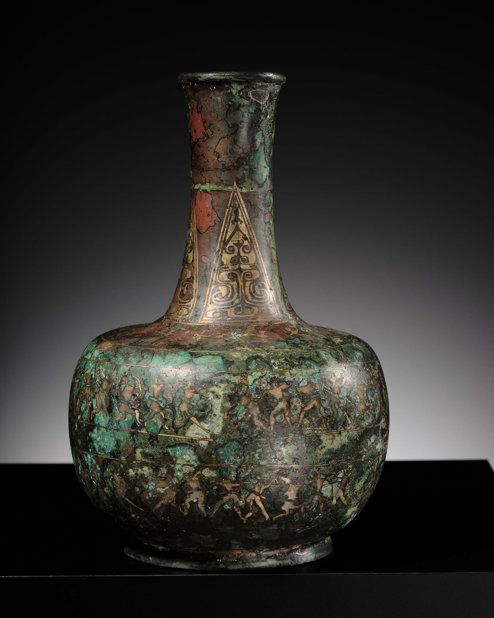 A RARE SILVER-INLAID BRONZE BOTTLE VASE, WARRING STATES PERIOD-HAN DYNASTY (1 of 13)