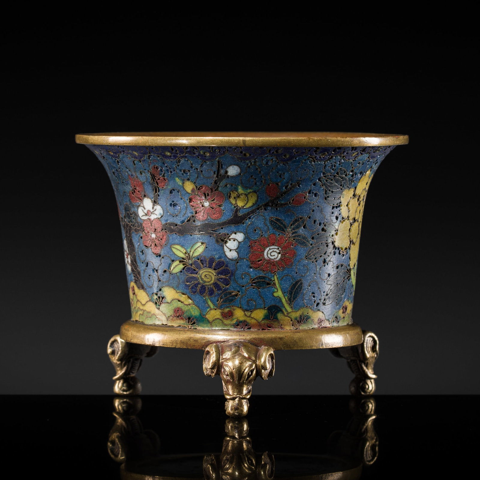 A RARE CLOISONNÉ ENAMEL 'WUSEQI' TRIPOD CENSER, LATE QING DYNASTY TO REPUBLIC PERIOD: A RARE CLOISONNÉ ENAMEL 'WUSEQI' TRIPOD CENSER, LATE QING DYNASTY TO REPUBLIC PERIOD China, late 19th to first half of the 20th century. The cylindrical body flaring towards the mouth, and suppor