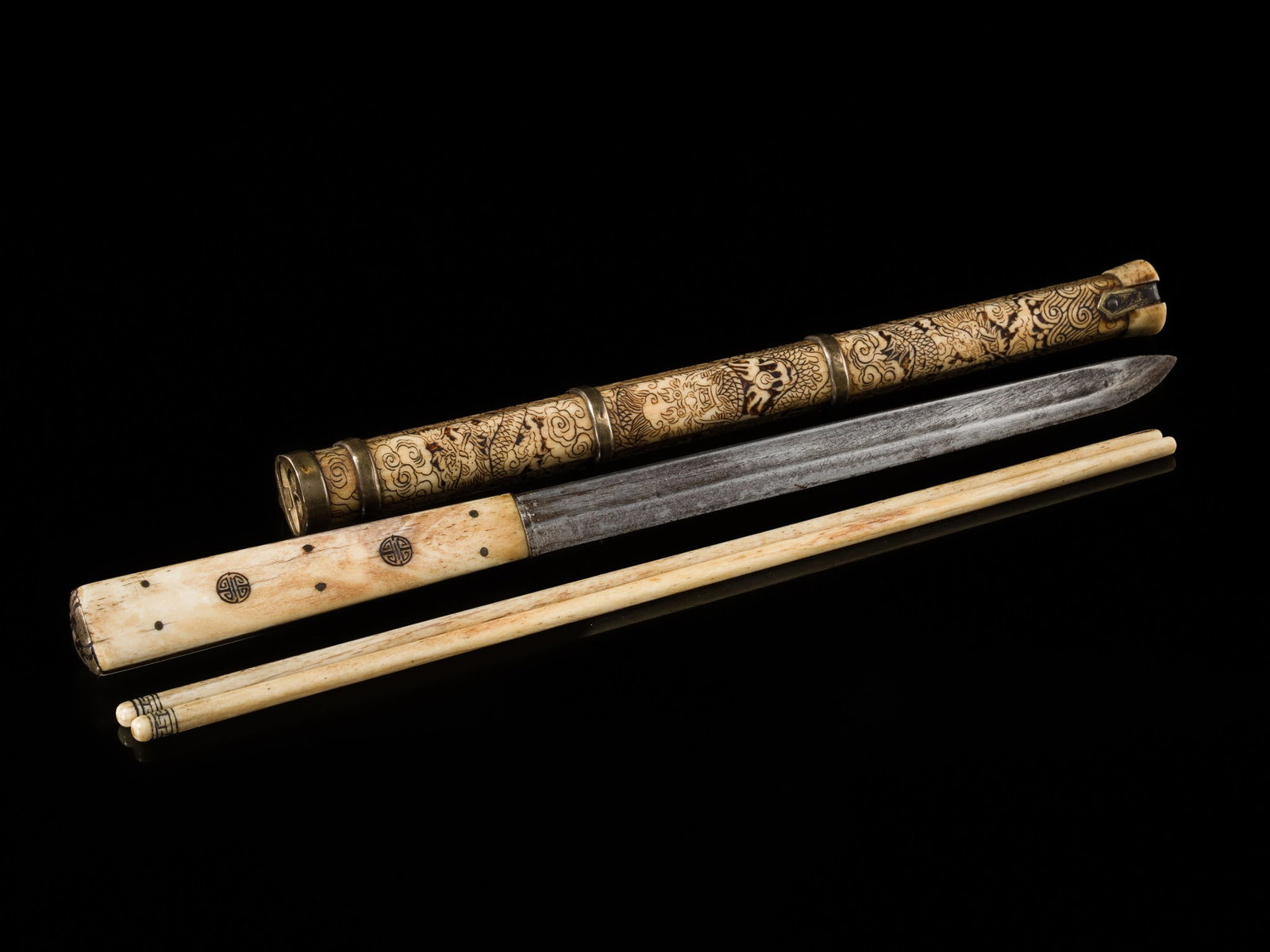 A PORTABLE BRASS-MOUNTED CARVED BONE CUTLERY SET WITH A KNIFE, CHOPSTICKS, AND PICKS IN A SHEATH, (1 of 16)
