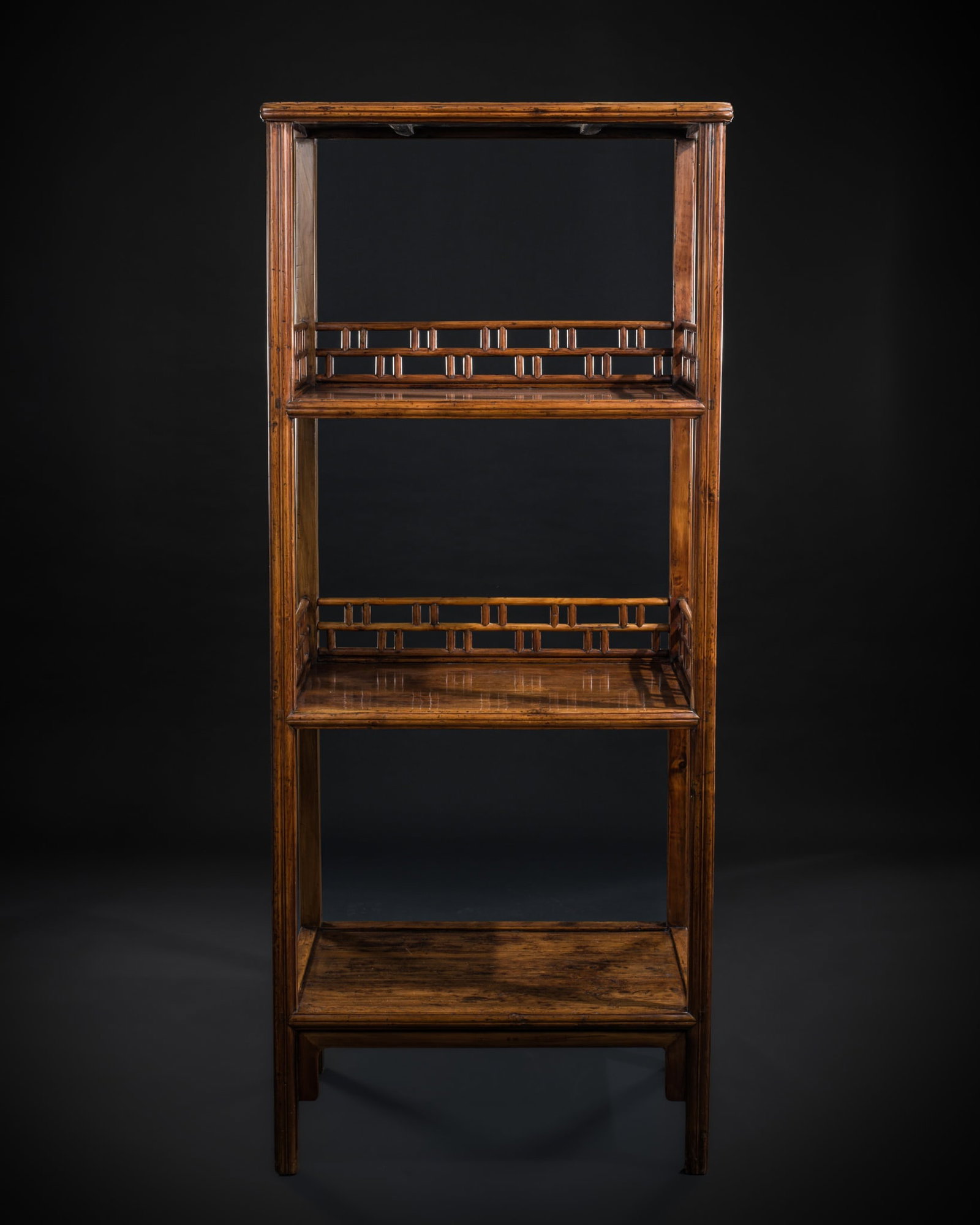 A RARE PEACHWOOD (TAOMU) THREE-SHELF BOOKCASE, JIAGE, CIRCA 1770 (1 of 16)