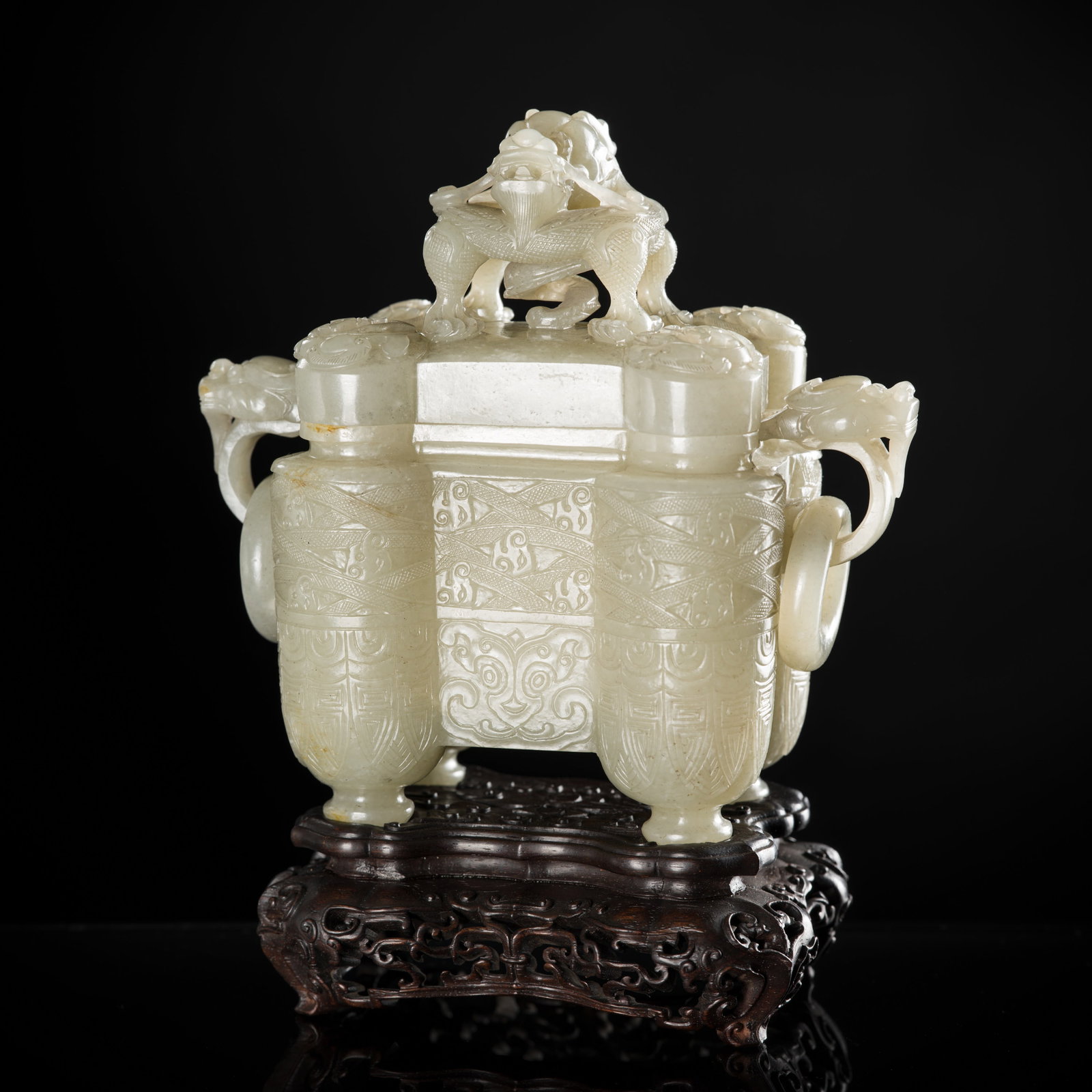 A PALE CELADON JADE 'TULU' VESSEL AND COVER, CHINA, QIANLONG PERIOD (1736-1795): A PALE CELADON JADE 'TULU' VESSEL AND COVER, CHINA, QIANLONG PERIOD (1736-1795) Expert's note: The jade is of remarkably even pale celadon tone, suffused with cloudy-white inclusions, a minute russet 