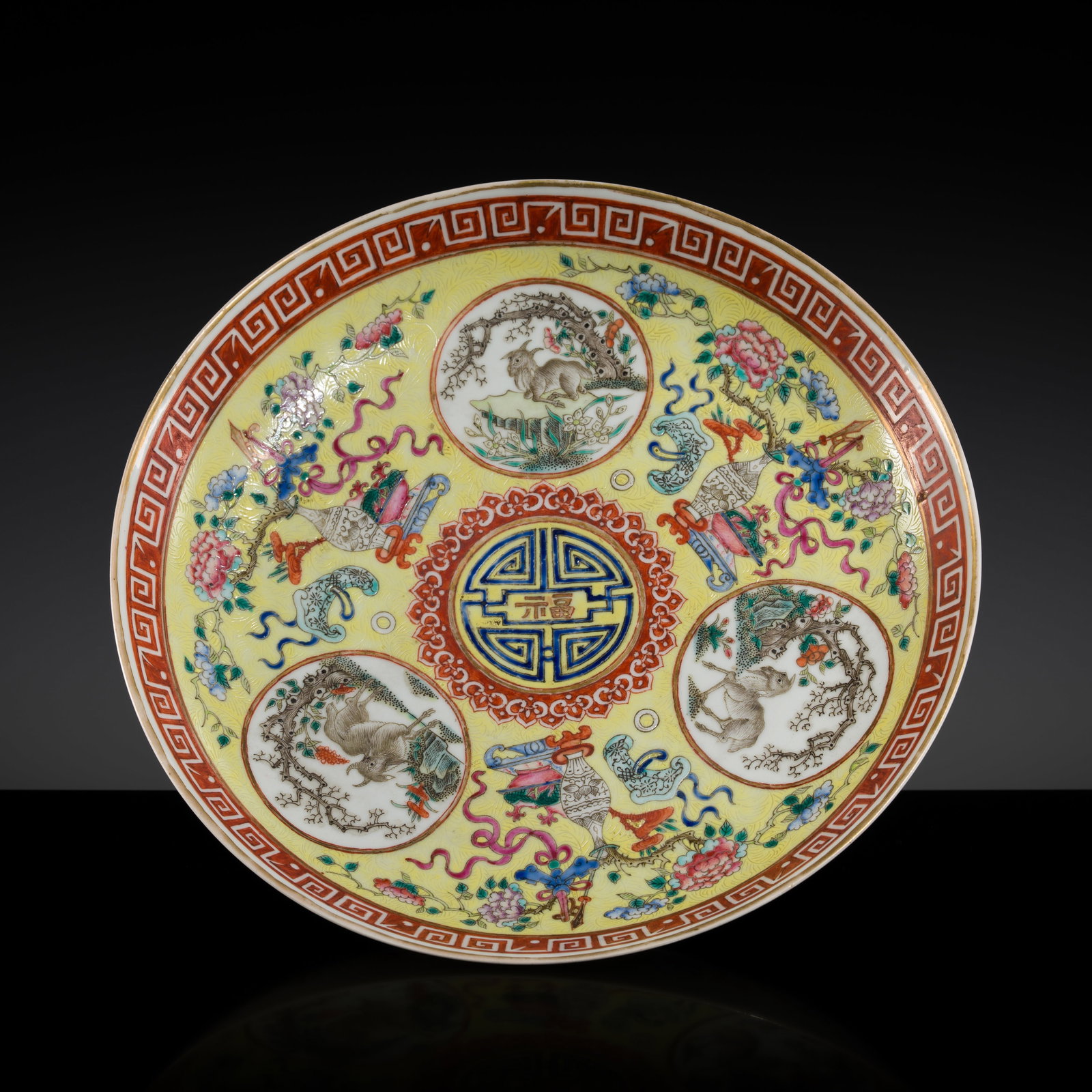 A REMARKABLY FINE FAMILLE ROSE 'SANYANG' SGRAFIATTO DISH, XIANFENG MARK AND PERIOD: A REMARKABLY FINE FAMILLE ROSE 'SANYANG' SGRAFIATTO DISH, XIANFENG MARK AND PERIOD Expert's note: The present Imperial porcelain dish is finely painted in bright yangcai famille rose enamels in the di