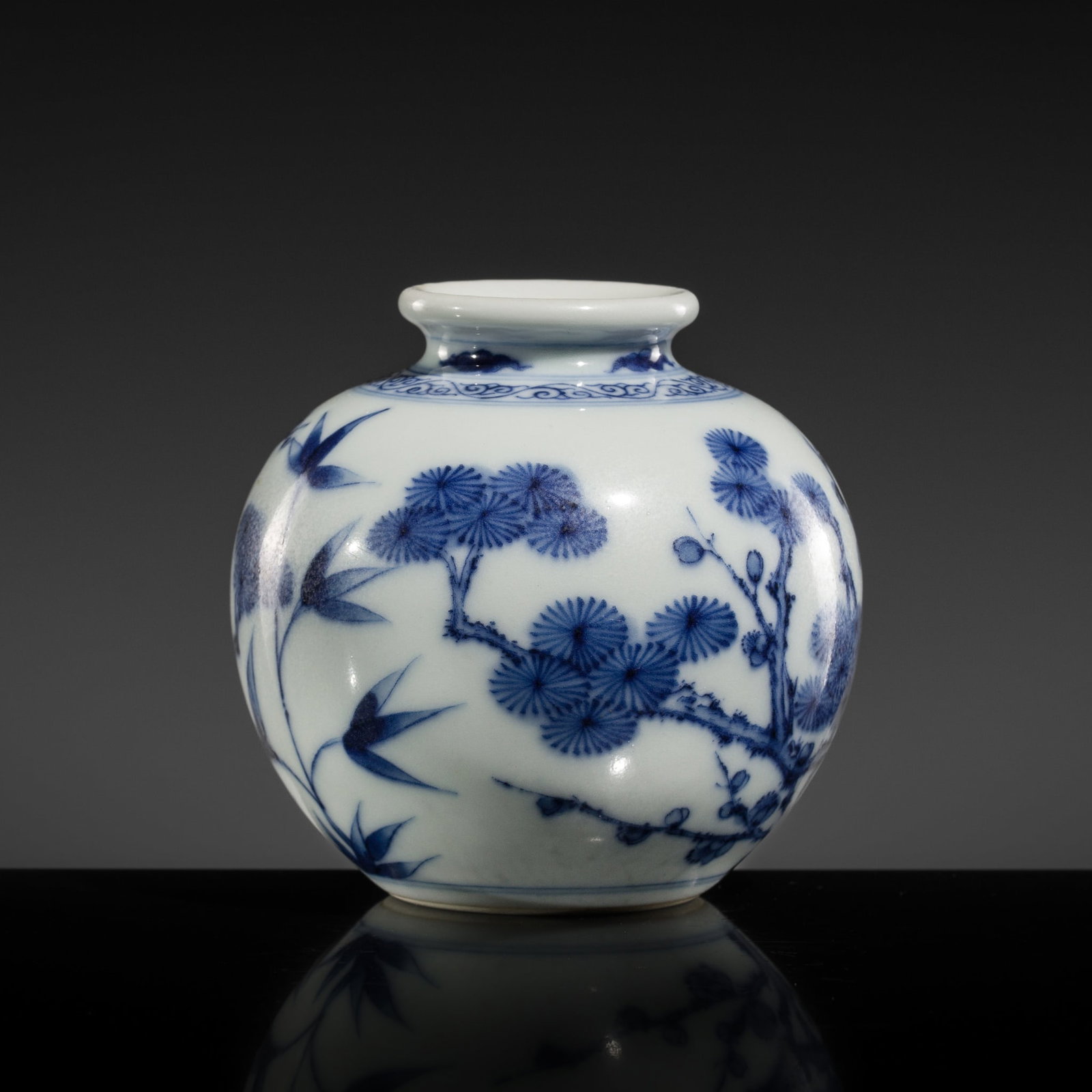 A SUPERB BLUE AND WHITE 'THREE FRIENDS OF WINTER' JARLET, YONGZHENG MARK, 19TH-20TH CENTURY: † A SUPERB BLUE AND WHITE 'THREE FRIENDS OF WINTER' JARLET, YONGZHENG MARK, 19TH-20TH CENTURY China. The globular body tapering gently towards the foot, surmounted by a waisted neck with everted