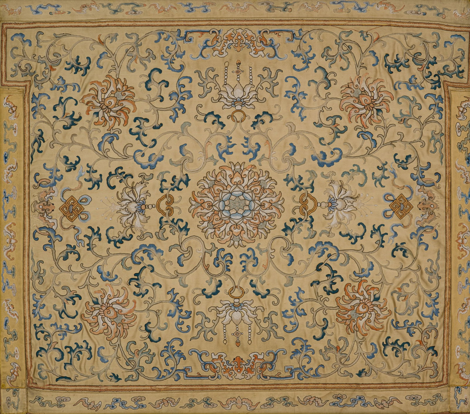 AN EMBROIDERED SILK 'PEONY AND LOTUS' THRONE CUSHION COVER, 18TH-19TH CENTURY (1 of 13)