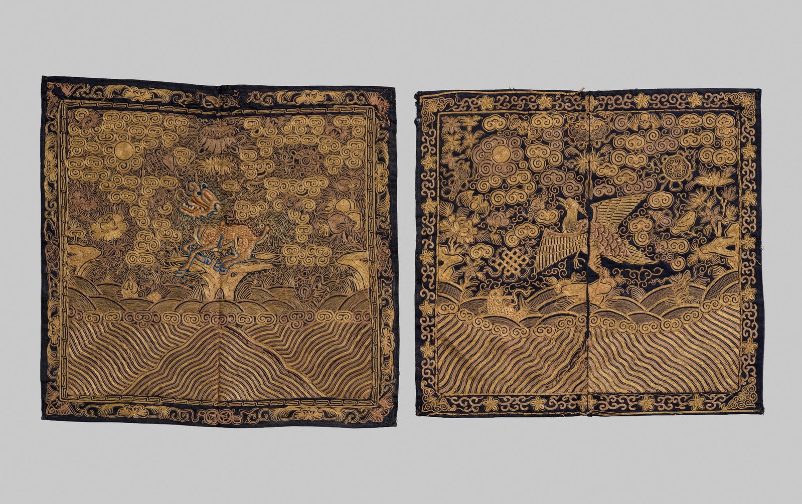 A GROUP OF TWO GOLD-THREAD EMBROIDERED SILK OFFICIAL'S RANK BADGES, BUZI, 19TH CENTURY (1 of 9)