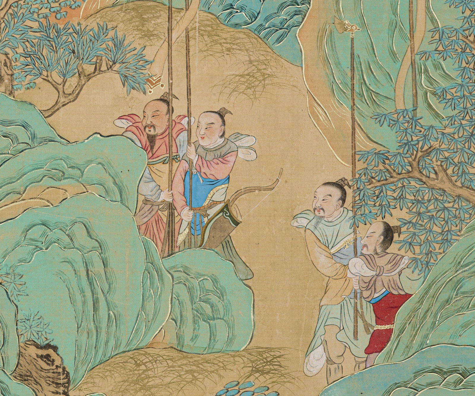 KING WEN OF ZHOU VISITING JIANG ZIYA AT THE WEI RIVER', ATTRIBUTED TO WAN SHOUQI (1603-1652): 'KING WEN OF ZHOU VISITING JIANG ZIYA AT THE WEI RIVER', ATTRIBUTED TO WAN SHOUQI (1603-1652) China. Ink, gold, and watercolors on silk. Mounted as handscroll on a silk brocade backing. Finely painted
