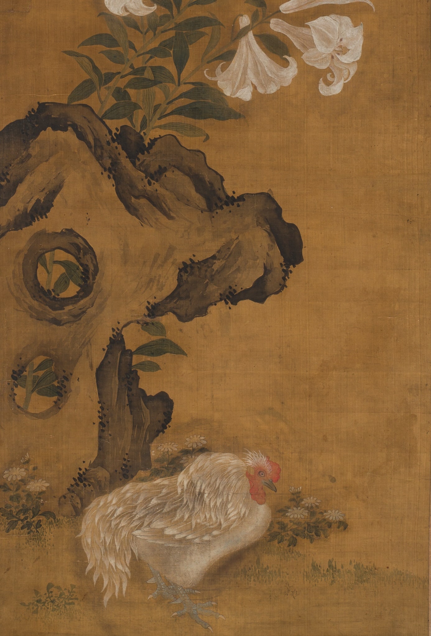 YUN SHOUPING (1633-1690): 'ROOSTER AND IRIS', DATED 1689: YUN SHOUPING (1633-1690): 'ROOSTER AND IRIS', DATED 1689 China. Ink and watercolors on silk. Finely painted to depict a white rooster standing amid asters growing around a large pierced craggy rock pa