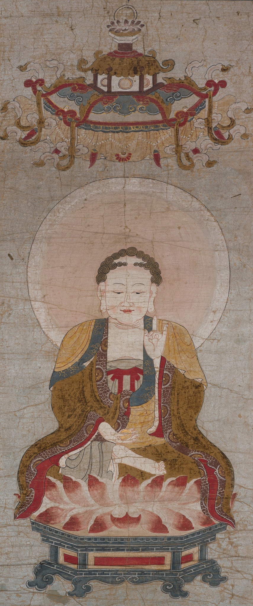 A FINE BUDDHIST 'WATER-LAND RITUAL' VOTIVE PAINTING DEPICTING BUDDHA AMITABHA, 17TH-18TH CENTURY (1 of 8)