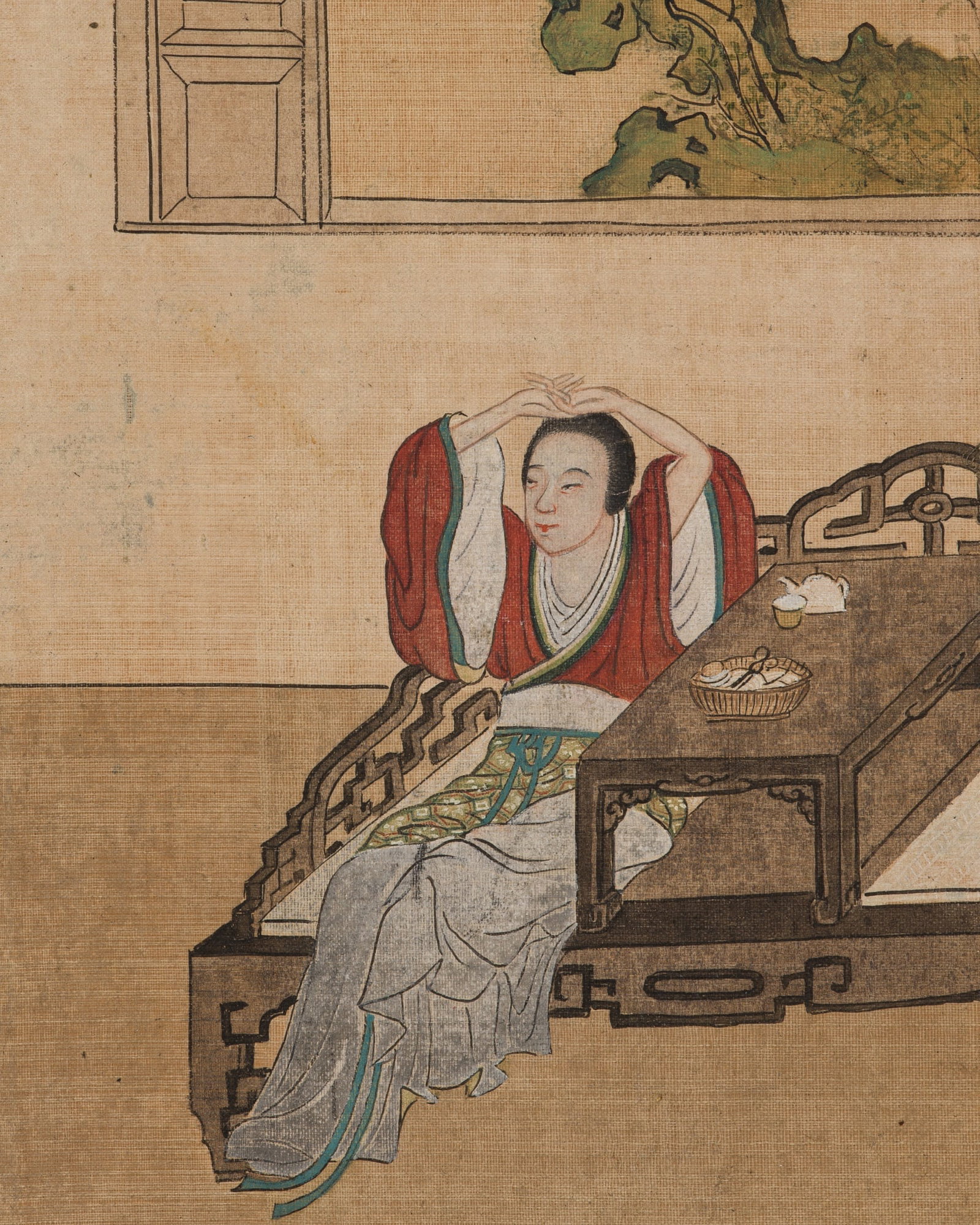 LADY AT LEISURE', CHINESE SCHOOL, 18TH-19TH CENTURY: 'LADY AT LEISURE', CHINESE SCHOOL, 18TH-19TH CENTURY China. Ink, watercolors and gouache on silk. Finely painted, the scene depicts a lady dressed in colorful robes reclining on a wooden seat beside a