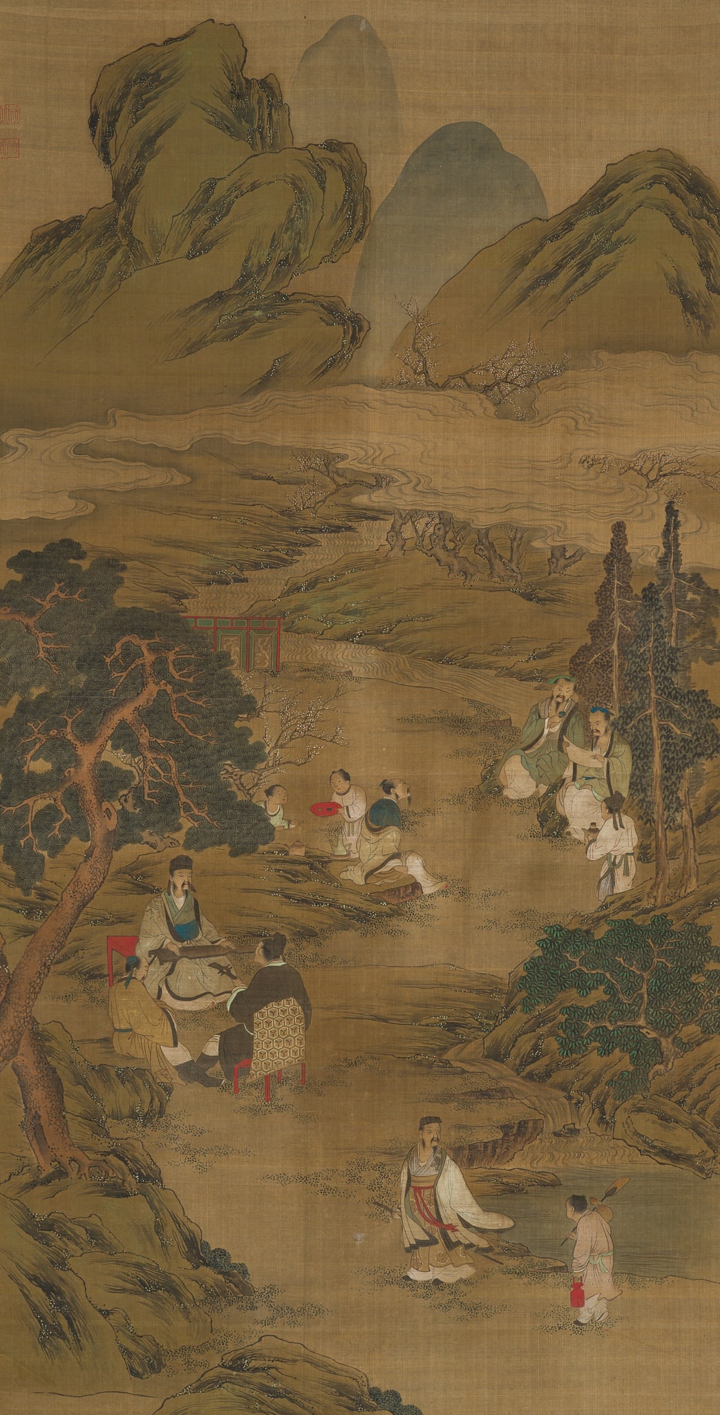 SCHOLARS IN LANDSCAPE', LATE QING DYNASTY: 'SCHOLARS IN LANDSCAPE', LATE QING DYNASTY China, 19th-early 20th century. Ink and watercolors on silk. Mounted as a hanging scroll on a silk brocade backing with hardwood handles. Finely painted to d
