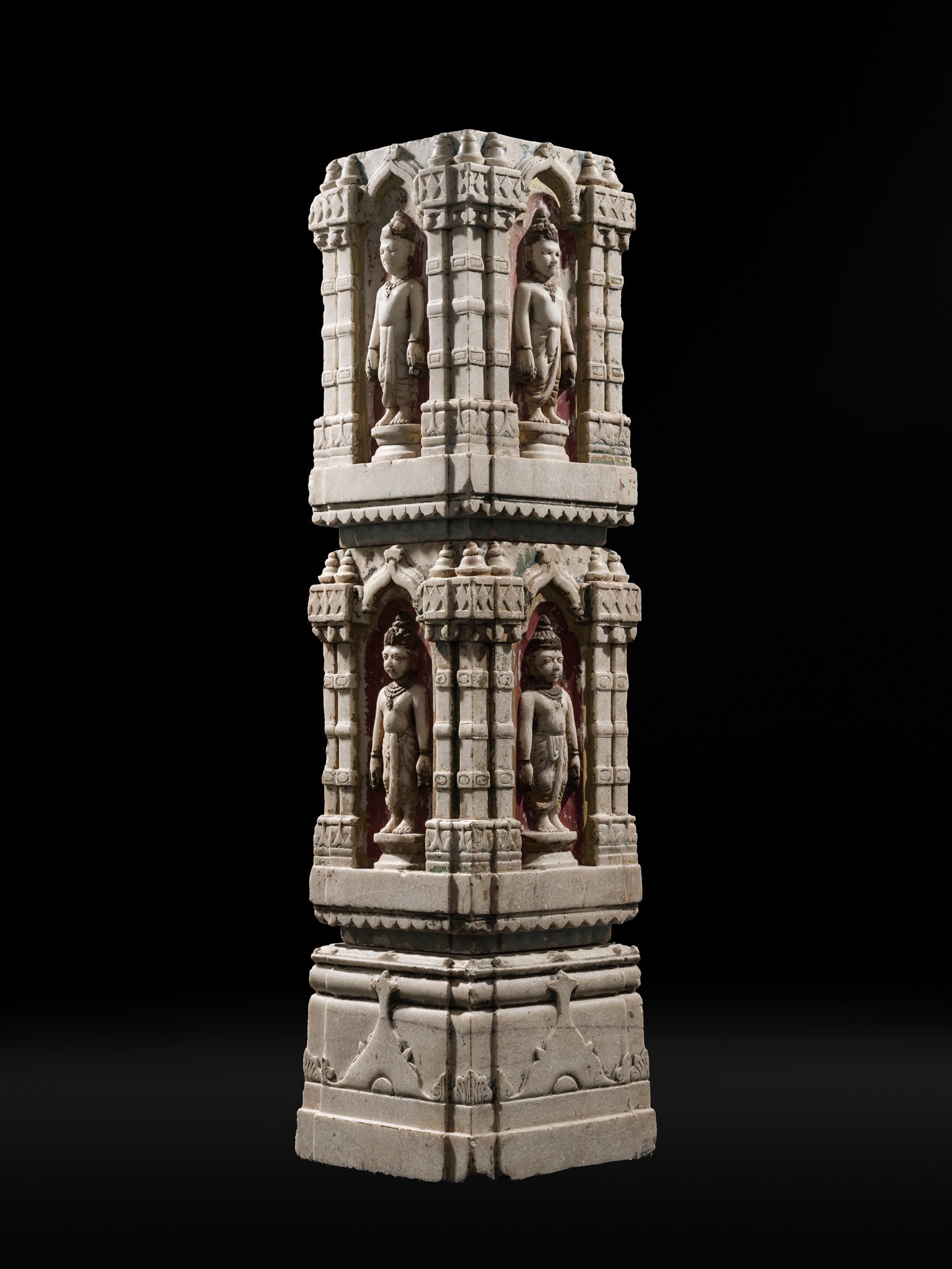 A GILT AND POLYCHROME JAIN MARBLE ARCHITECTURAL COLUMN, GUJARAT OR RAJASTHAN, CIRCA 18TH CENTURY (1 of 20)