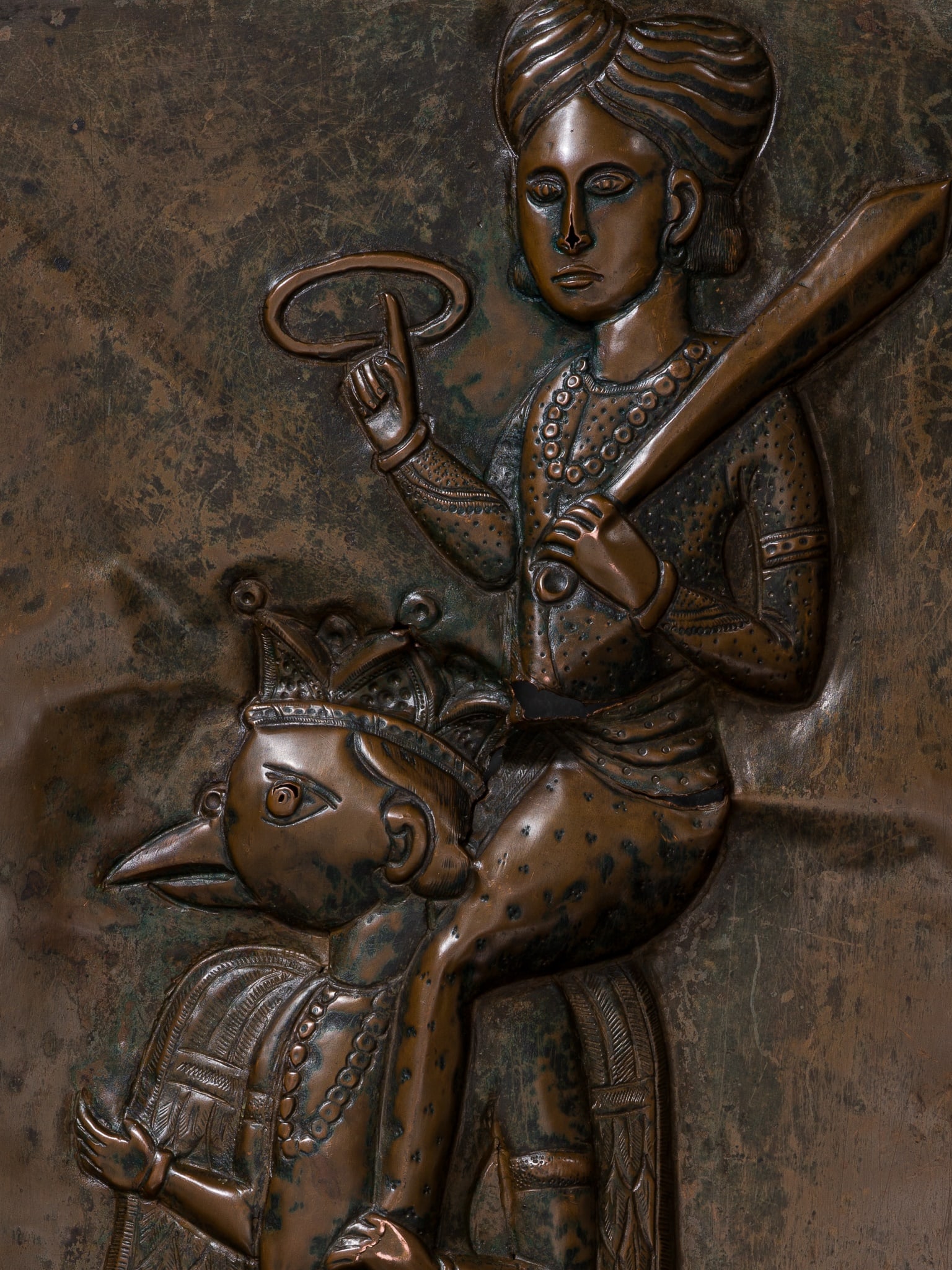 A RARE COPPER REPOUSSÉ 'VISHNU ON GARUDA' PLAQUE, 19TH-EARLY 20TH CENTURY: A RARE COPPER REPOUSSÉ 'VISHNU ON GARUDA' PLAQUE, 19TH-EARLY 20TH CENTURY India. Finely hammered, chased, and incised to depict Vishnu borne upon the shoulders of his celestial avian mount Garuda