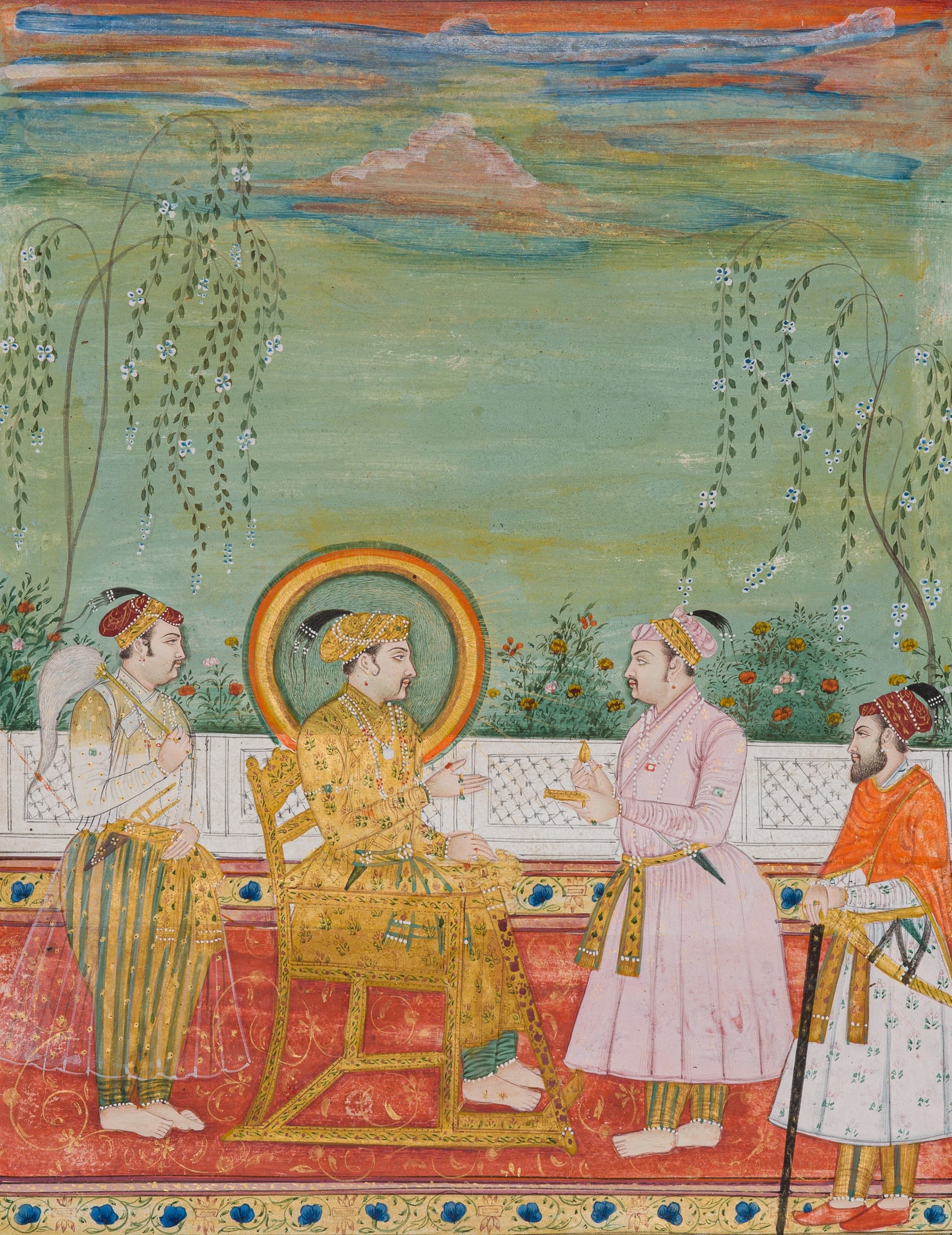 A FINE MUGHAL PAINTING DEPICTING EMPEROR JAHANGIR WITH ASAF KHAN AND SHAYISTA KHAN, 17TH-18TH (1 of 8)