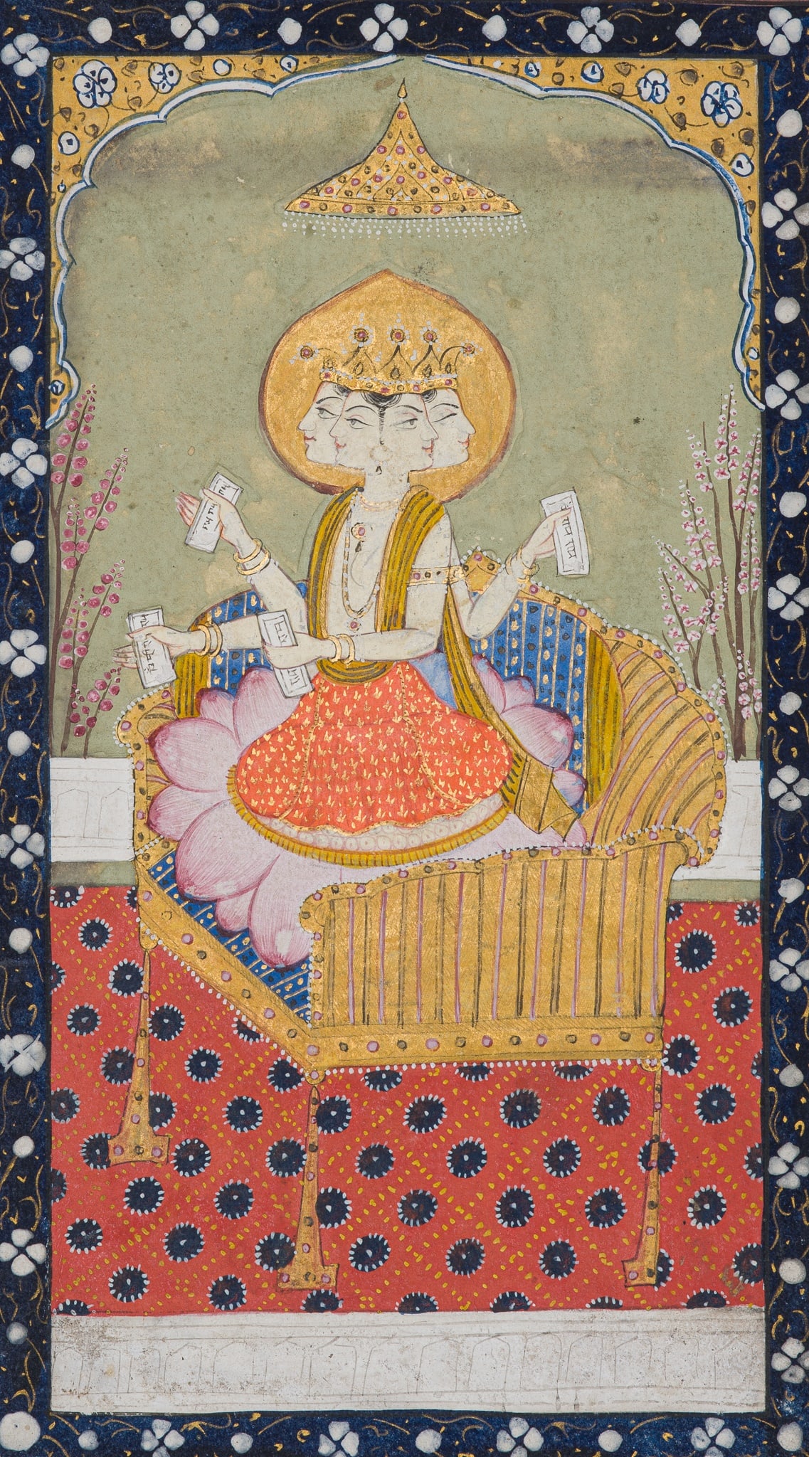 A FINE INDIAN MINIATURE PAINTING DEPICTING BRAHMA SEATED ON A LOTUS FLOWER, PAHARI, 18TH CENTURY: A FINE INDIAN MINIATURE PAINTING DEPICTING BRAHMA SEATED ON A LOTUS FLOWER, PAHARI, 18TH CENTURY Northern India. Opaque pigments and gold paint on paper. Finely painted to depict the four-headed creat
