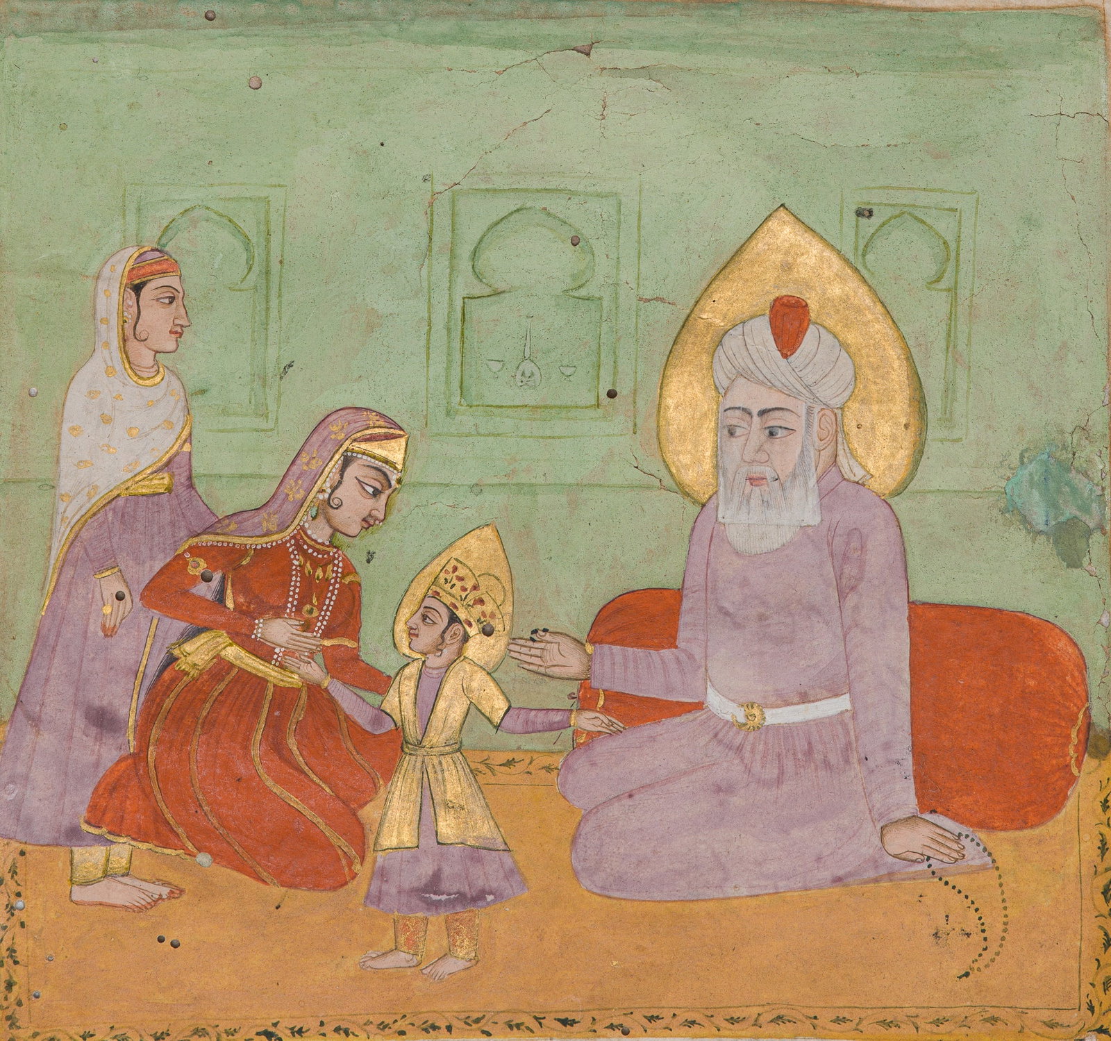 A PAINTING OF PROPHET YAKUB WITH HIS ORDAINED SON FROM A MANUSCRIPT OF JAMI'S YUSUF WA ZULAYKHA,: A PAINTING OF PROPHET YAKUB WITH HIS ORDAINED SON FROM A MANUSCRIPT OF JAMI'S YUSUF WA ZULAYKHA, DECCAN, CIRCA MID-18TH CENTURY India. Gouache and gold on glazed paper. Finely painted to depict the Pr