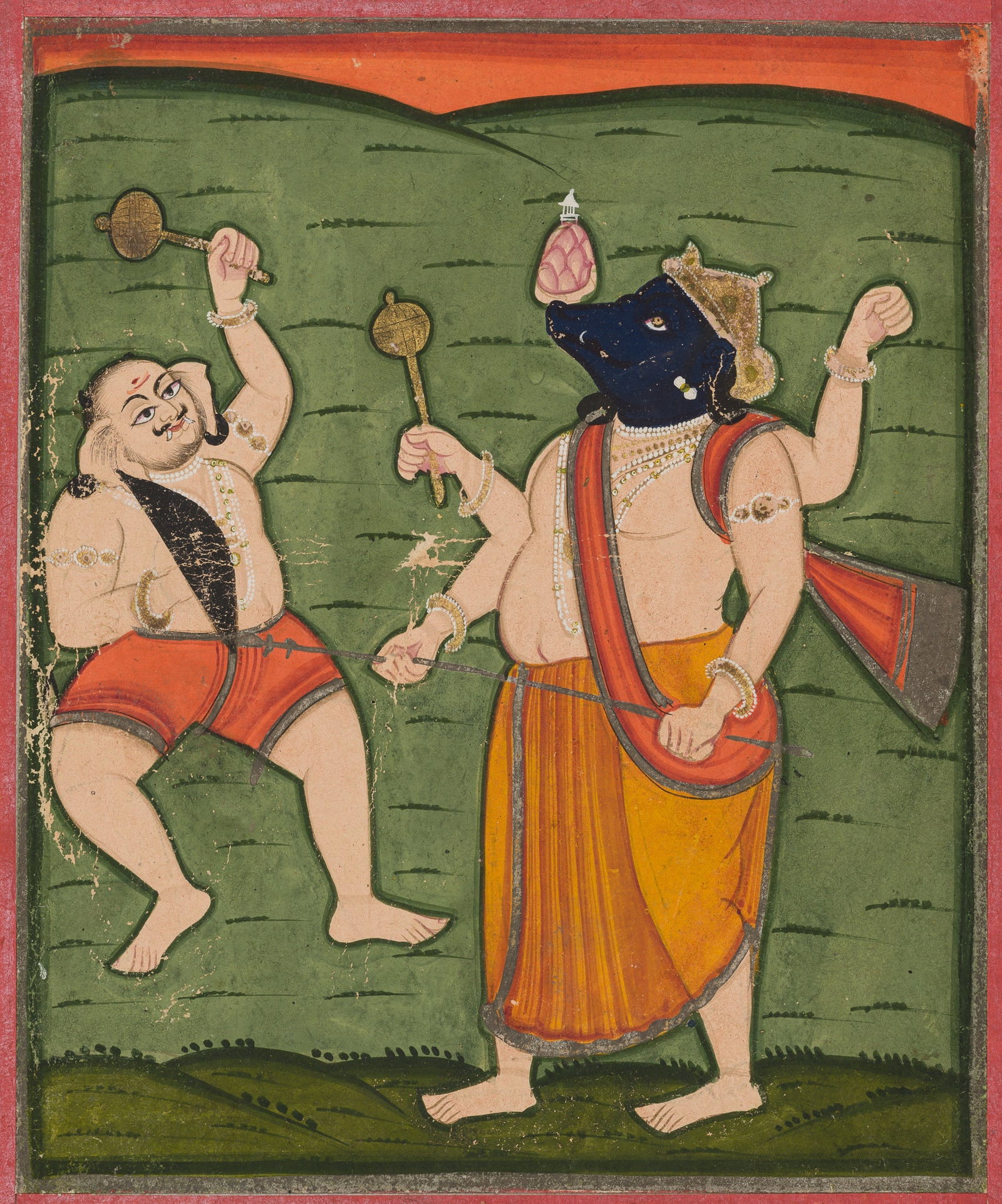 AN INDIAN MINIATURE PAINTING DEPICTING VARAHA DEFEATING HIRANYAKSHA, 18TH-19TH CENTURY: AN INDIAN MINIATURE PAINTING DEPICTING VARAHA DEFEATING HIRANYAKSHA, 18TH-19TH CENTURY India, Rajasthan, Nathdwara. Opaque pigments and gold on paper. Finely painted to depict the boar-headed avatara 