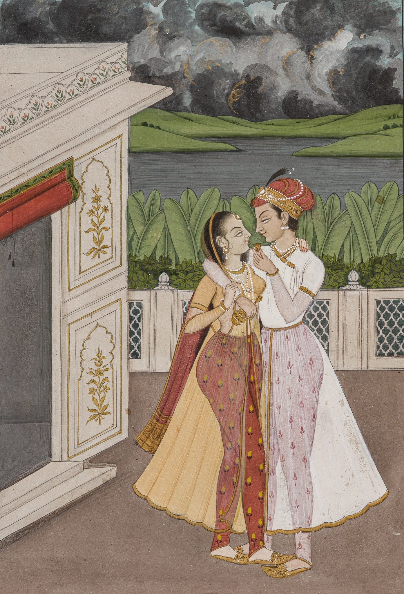 A MINIATURE PAINTING OF TWO LOVERS ON A TERRACE BEFORE THE COMING STORM, PAHARI, KANGRA, LATE (1 of 9)