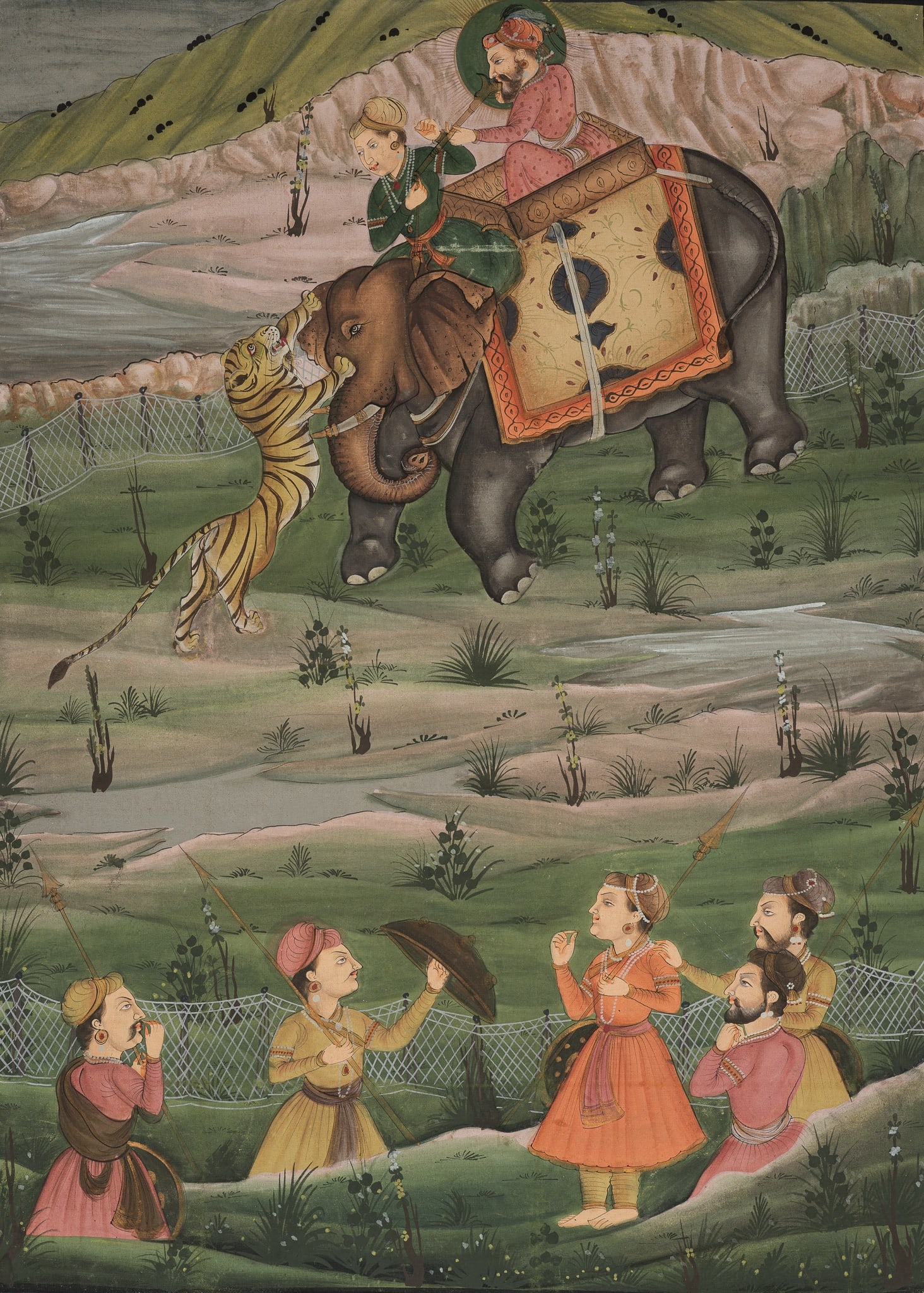 A LARGE MUGHAL PAINTING OF AN IMPERIAL TIGER HUNT, 19TH CENTURY (1 of 8)
