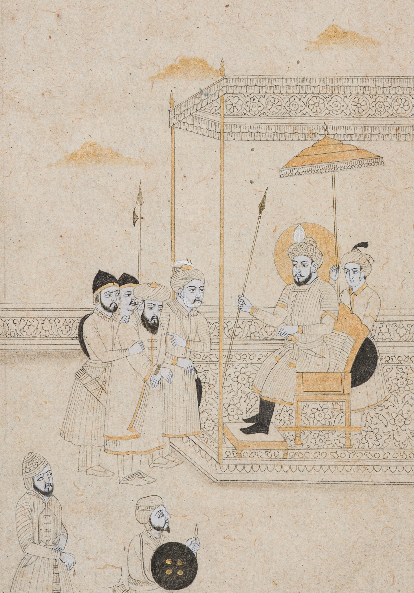 A FINE MUGHAL PAINTING DEPICTING AN EMPEROR'S COURT, 18TH-19TH CENTURY: A FINE MUGHAL PAINTING DEPICTING AN EMPEROR'S COURT, 18TH-19TH CENTURY Northern India. Ink, gouache, and gold paint on paper. Finely painted to depict a ruler seated atop a western-style chair shelter