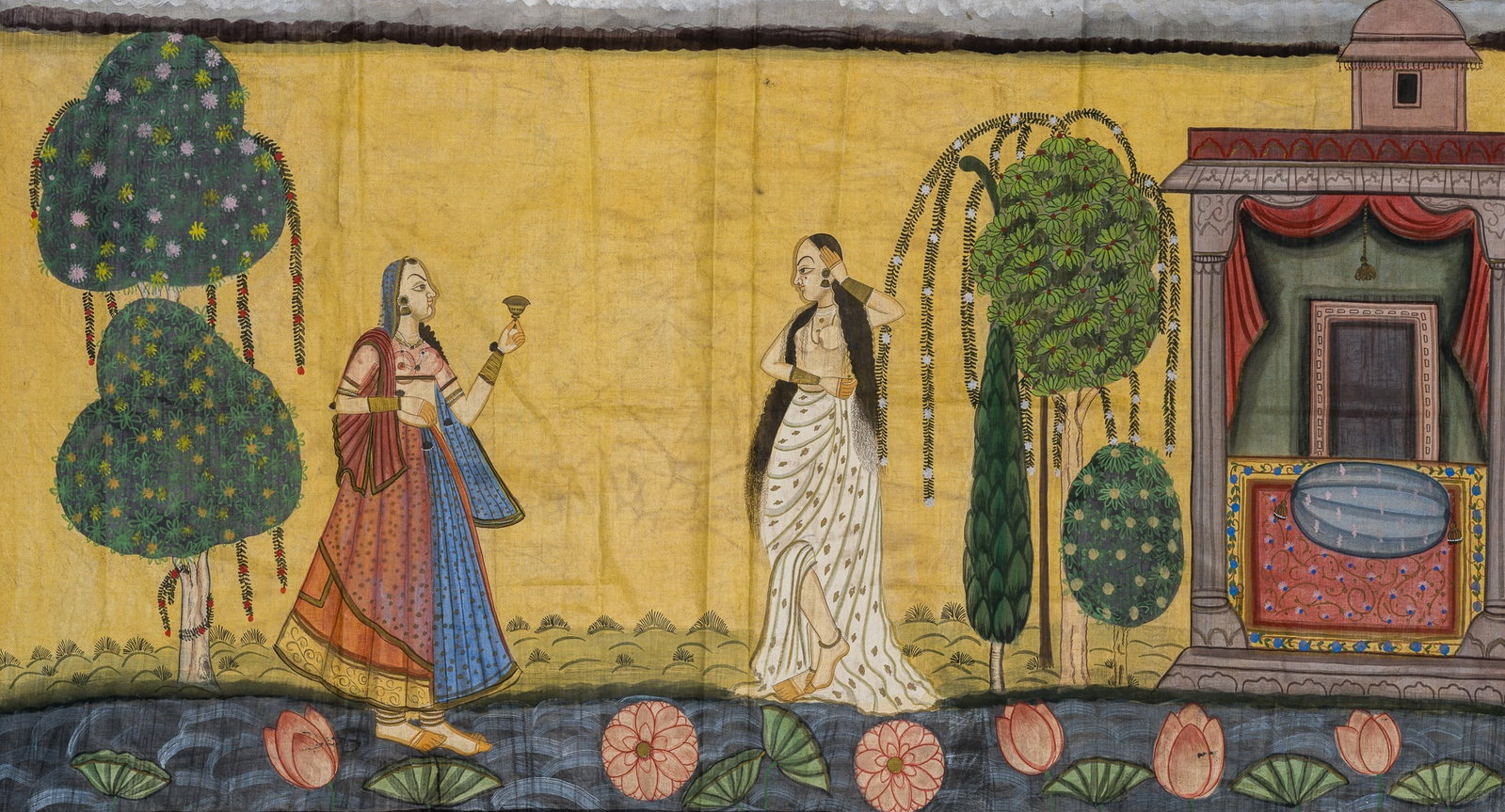 A LARGE BASOHLI PAINTING DEPICTING A NAYIKA UNCONSCIOUS OF HER YOUTH, AJNATA-YAUVANA-MUGDHA,: A LARGE BASOHLI PAINTING DEPICTING A NAYIKA UNCONSCIOUS OF HER YOUTH, AJNATA-YAUVANA-MUGDHA, 18TH-19TH CENTURY Northern India, Pahari region. Opaque pigments and gold paint on cloth. The Nayika with m