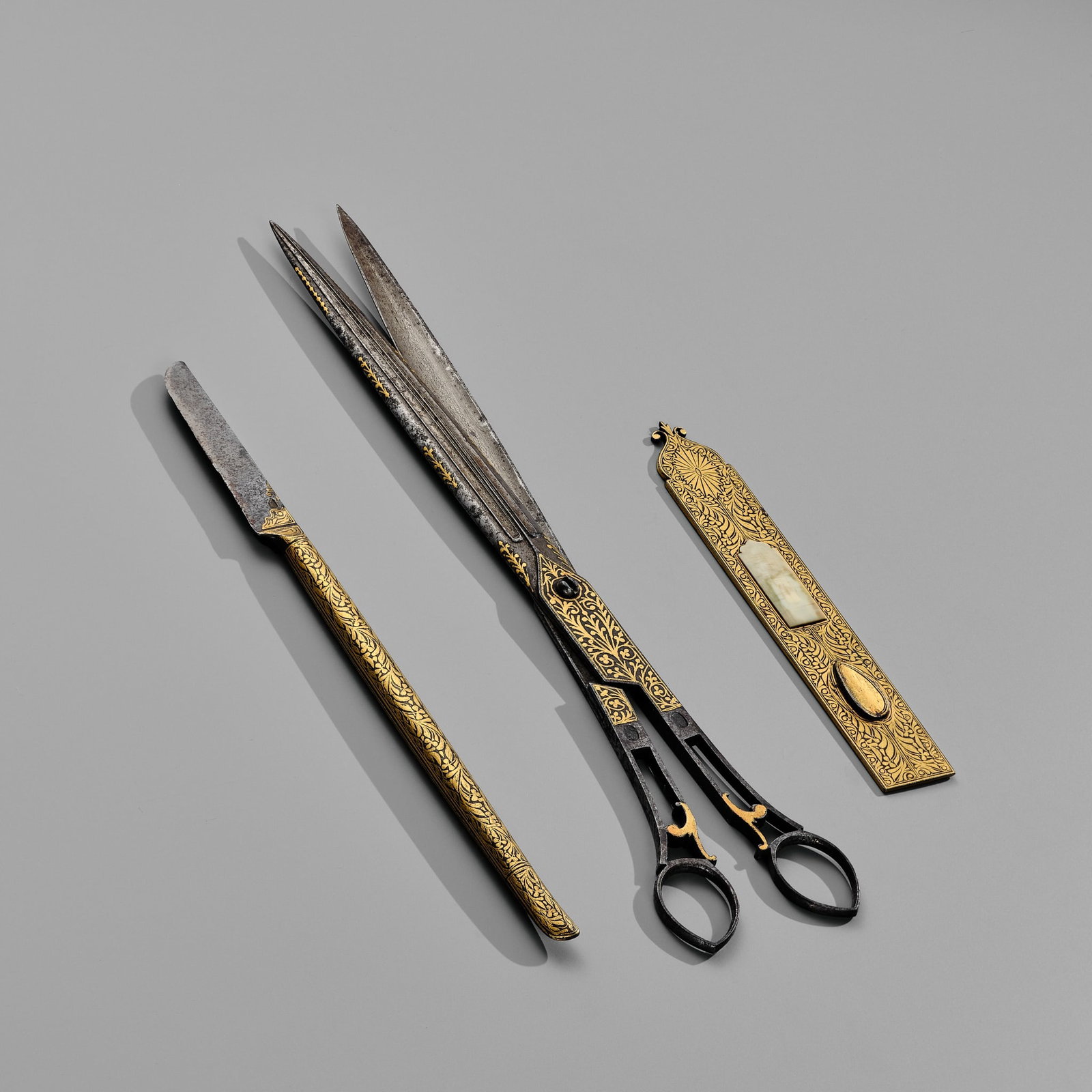 A RARE SET OF GOLD-DAMASCENED IRON CALLIGRAPHY INSTRUMENTS, OTTOMAN EMPIRE, 18TH-19TH CENTURY (1 of 16)