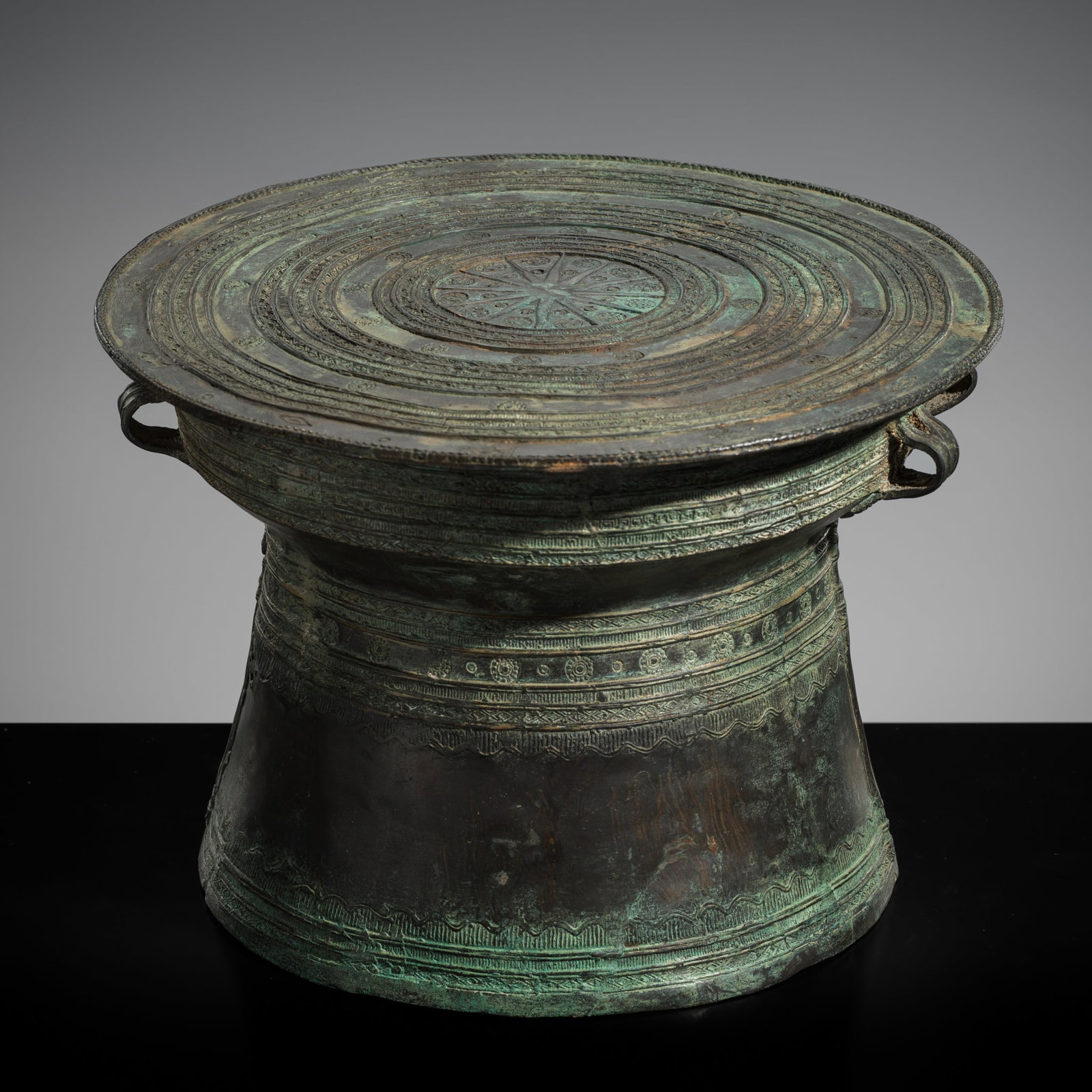 A SMALL BRONZE RAIN DRUM, KAREN PEOPLE, REGION OF MYANMAR AND THAILAND, 19TH CENTURY OR EARLIER (1 of 19)