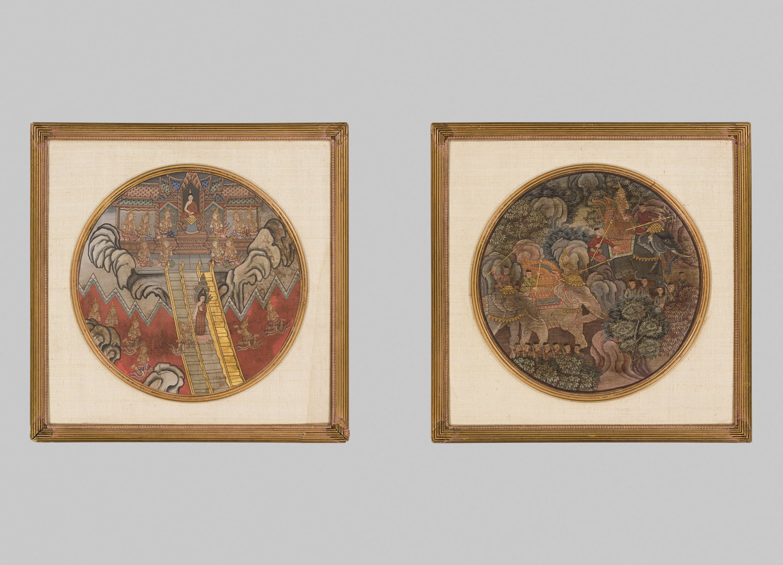 TWO TRADITIONAL BUDDHIST PAINTINGS, RATTANAKOSIN KINGDOM (1782-1932), 19TH CENTURY: TWO TRADITIONAL BUDDHIST PAINTINGS, RATTANAKOSIN KINGDOM (1782-1932), 19TH CENTURY Thailand. Ink, watercolors, and gold paint on cloth. Each is finely painted with great attention to detail. The first