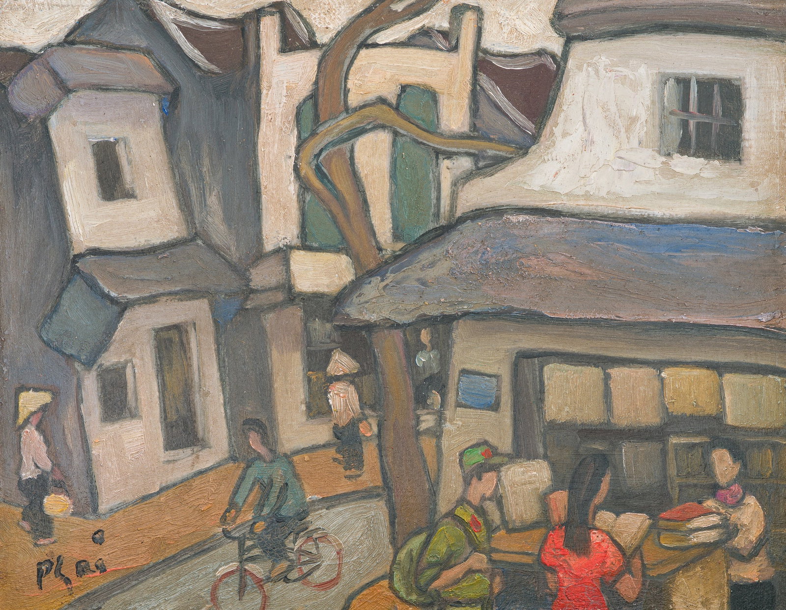 XUAN PHAI BUI (1920-1988): TOWN IN VIETNAM WITH BIKE-RIDER (1 of 11)