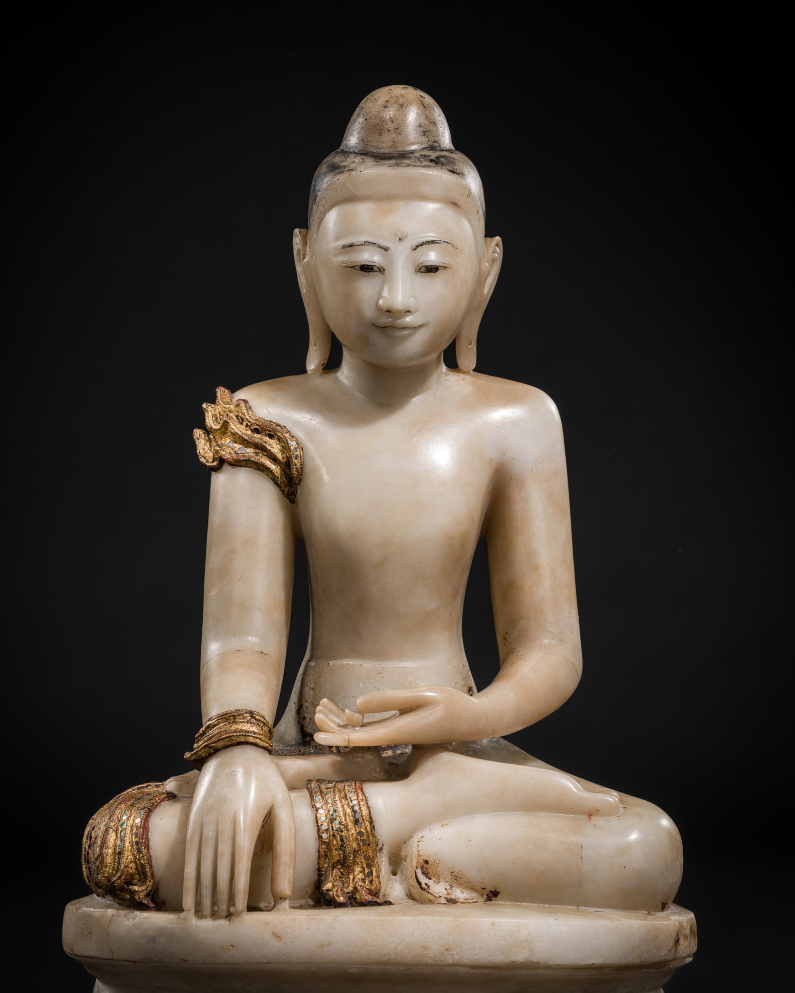 A FINE GILT-LACQUERED AND PAINTED WHITE MARBLE FIGURE OF BUDDHA, SHAN STATES, 19TH CENTURY (1 of 13)