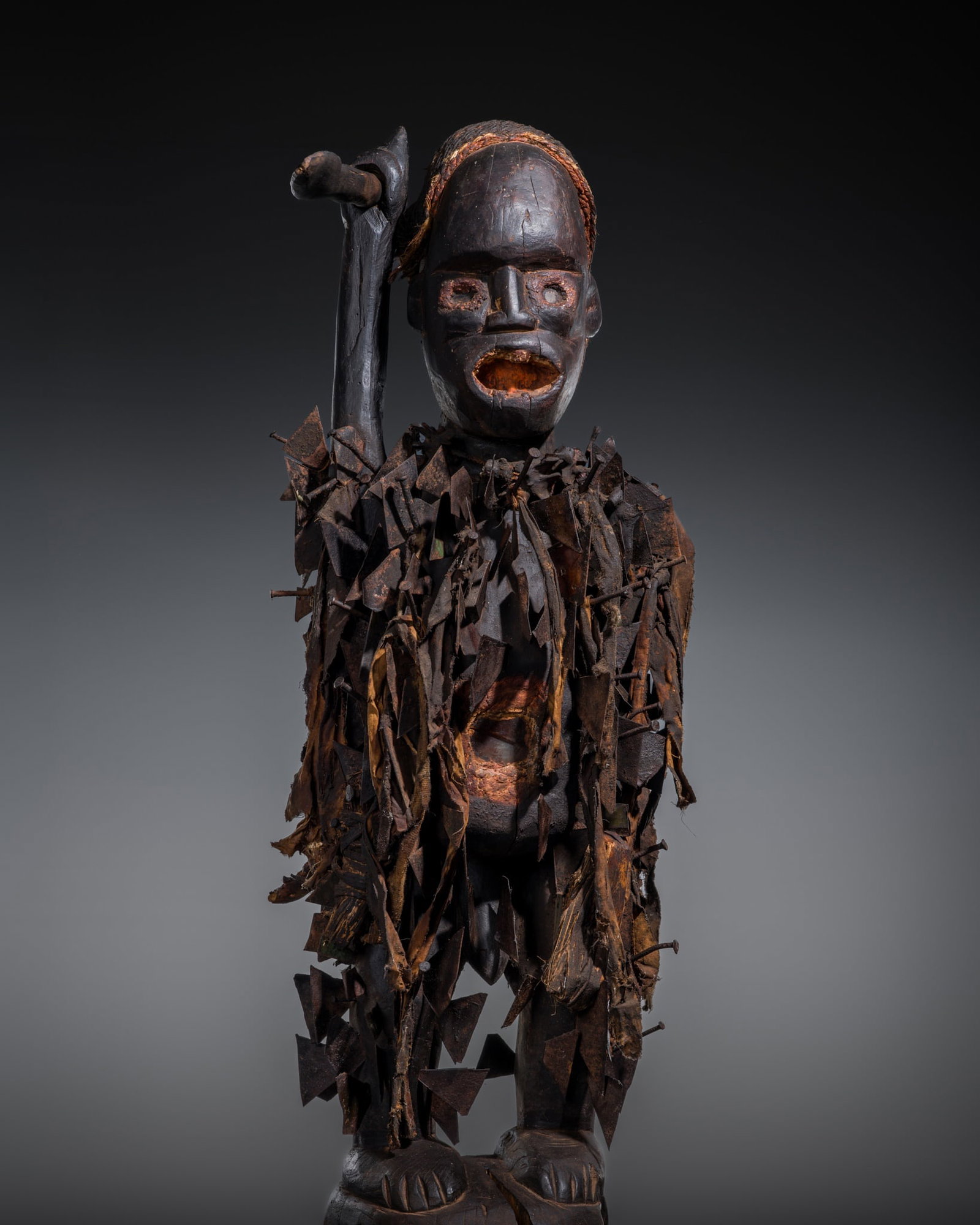 A LARGE WOOD AND NAIL POWER FIGURE, NKISI NKONDI, DEMOCRATIC REPUBLIC OF THE CONGO (1 of 9)