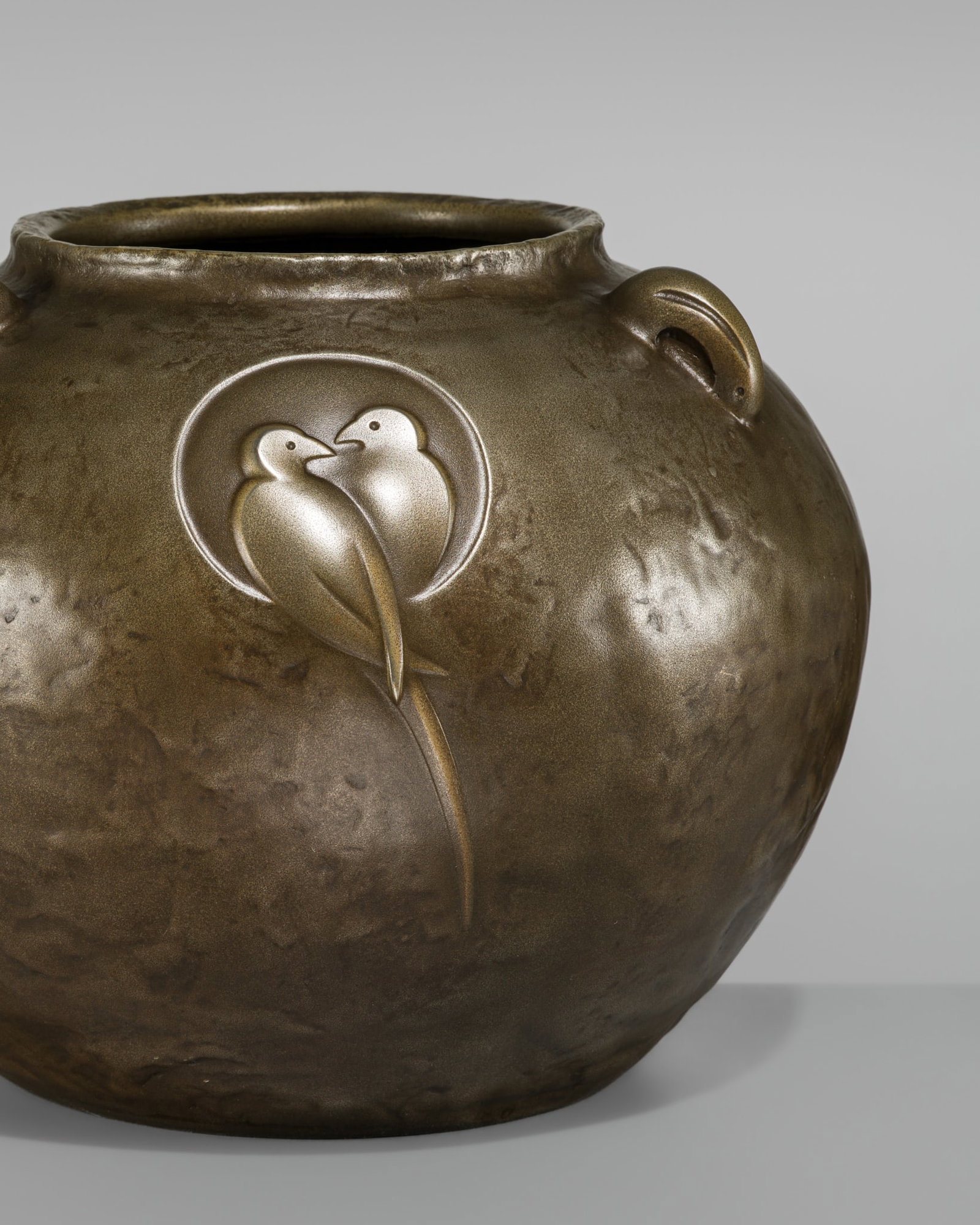 NEYA CHUROKU: LOVEBIRDS: NEYA CHUROKU: LOVEBIRDS By Neya Churoku (1897-1987), sealed Churoku and Inu Japan, Showa period (1926-1989) Finely cast, the globular body gently tapering toward the base, with broad rounded shoulders