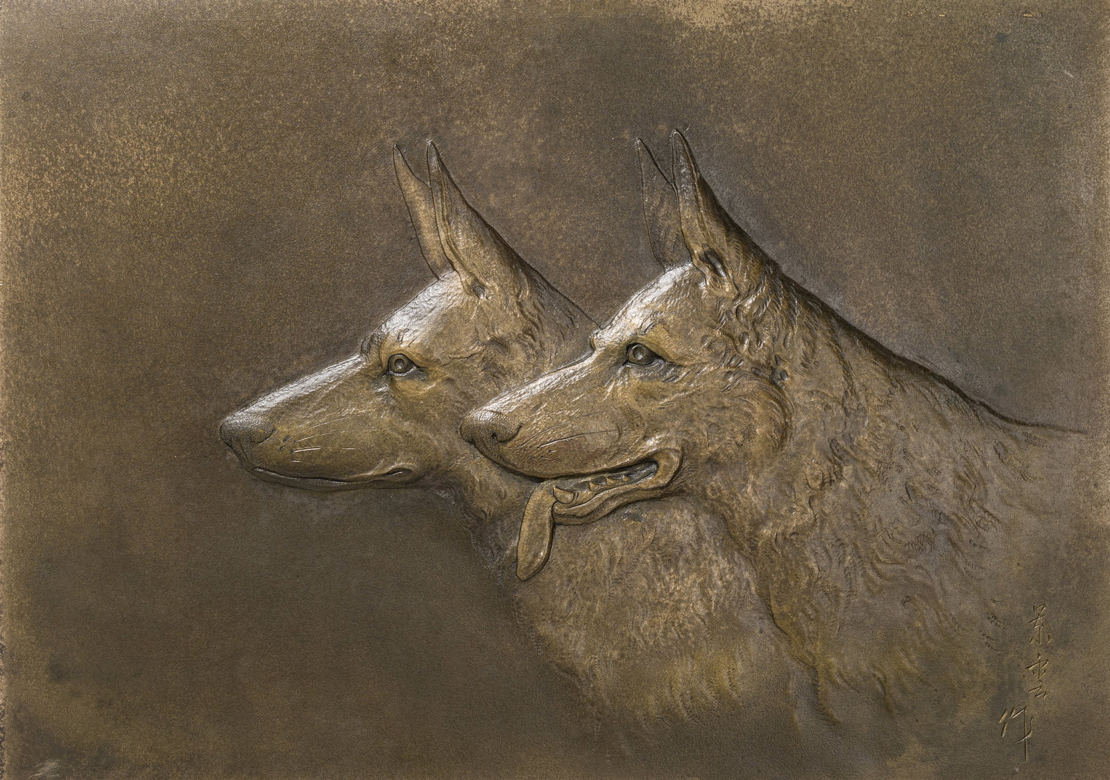 KATO KEIUN: A FINE BRONZE REPOUSSÉ PLAQUE DEPICTING TWO GERMAN SHEPHERDS (1 of 6)