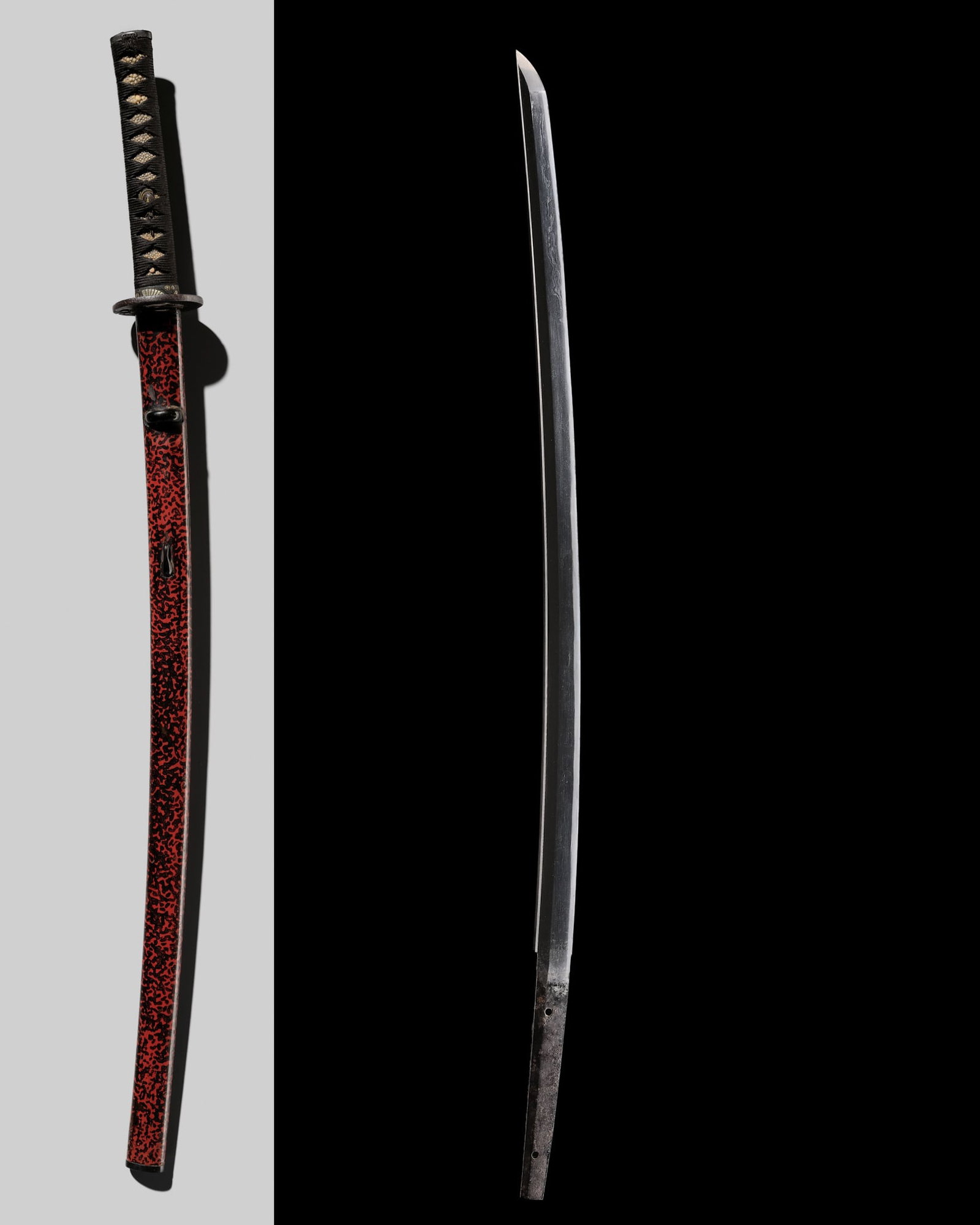 A KATANA IN KOSHIRAE: A KATANA IN KOSHIRAE Japan, 14th century, Muromachi period (1338-1573) The blade: Sugata (shape): shinogi zukuri, iori mune, torii-zori, chu-kissaki Hamon (temper line): sugu and