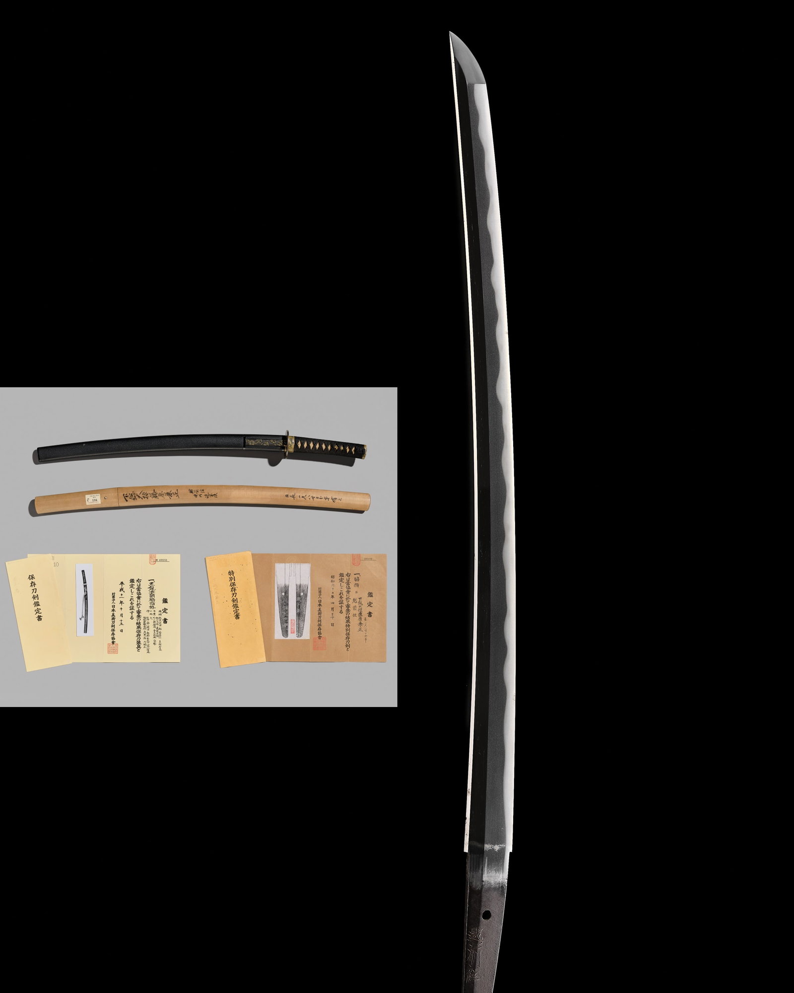 KANEMASA: AN ECHIZEN WAKIZASHI IN FINE KOSHIRAE AND SHIRASAYA WITH NBTHK TOKUBETSU HOZON TOKEN: KANEMASA: AN ECHIZEN WAKIZASHI IN FINE KOSHIRAE AND SHIRASAYA WITH NBTHK TOKUBETSU HOZON TOKEN CERTIFICATES FOR THE MOUNTING AND BLADE By Kanemasa (1661-1673), signed Echizen ju Shimosa Daijo Fujiwara
