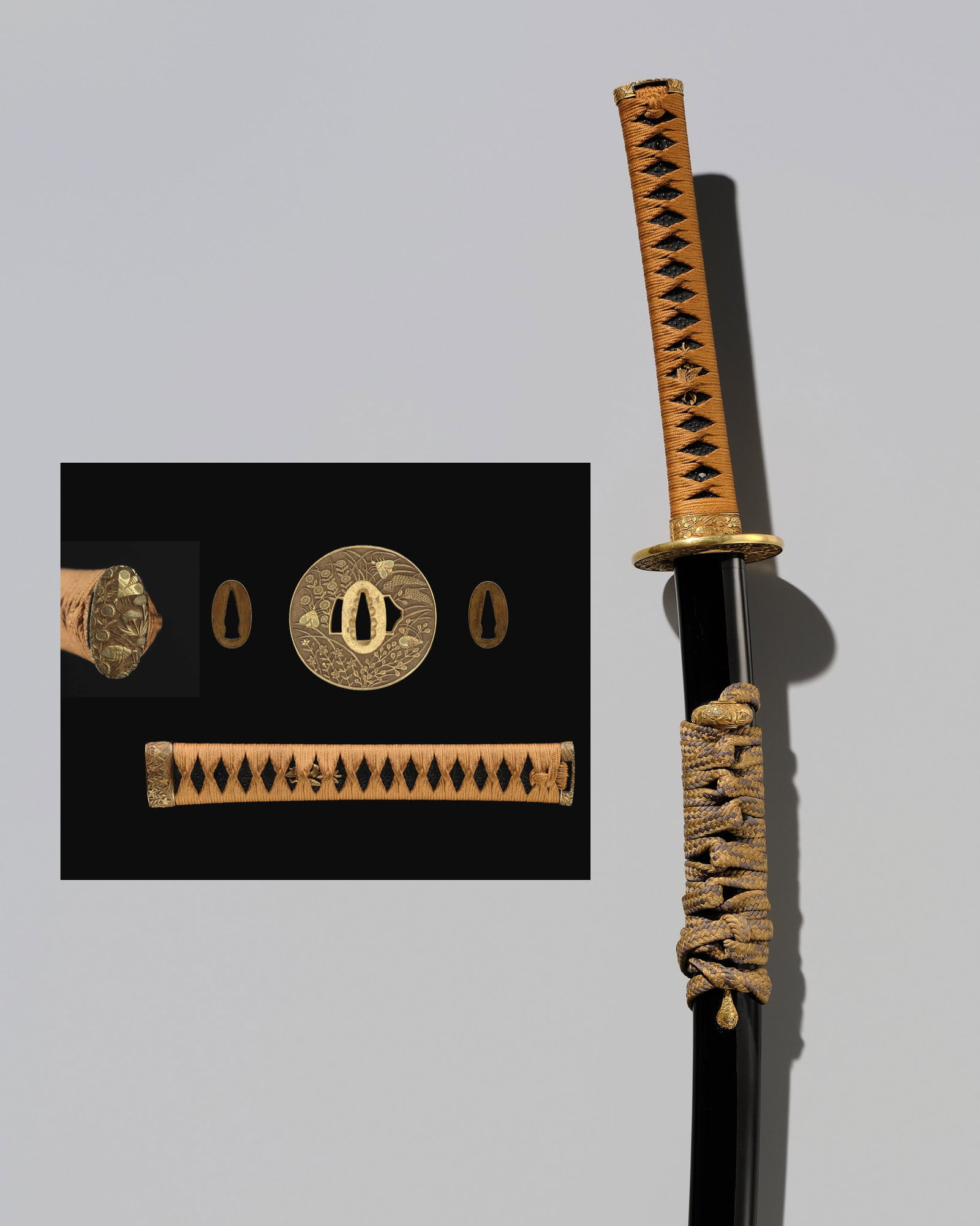 A SUPERB BLACK LACQUER KATANA KOSHIRAE WITH SOLID GOLD FITTINGS: A SUPERB BLACK LACQUER KATANA KOSHIRAE WITH SOLID GOLD FITTINGS Japan, late 19th century The fittings of solid gold, superbly worked in nanako (ring-punched ground), finely decorated in relief with cr