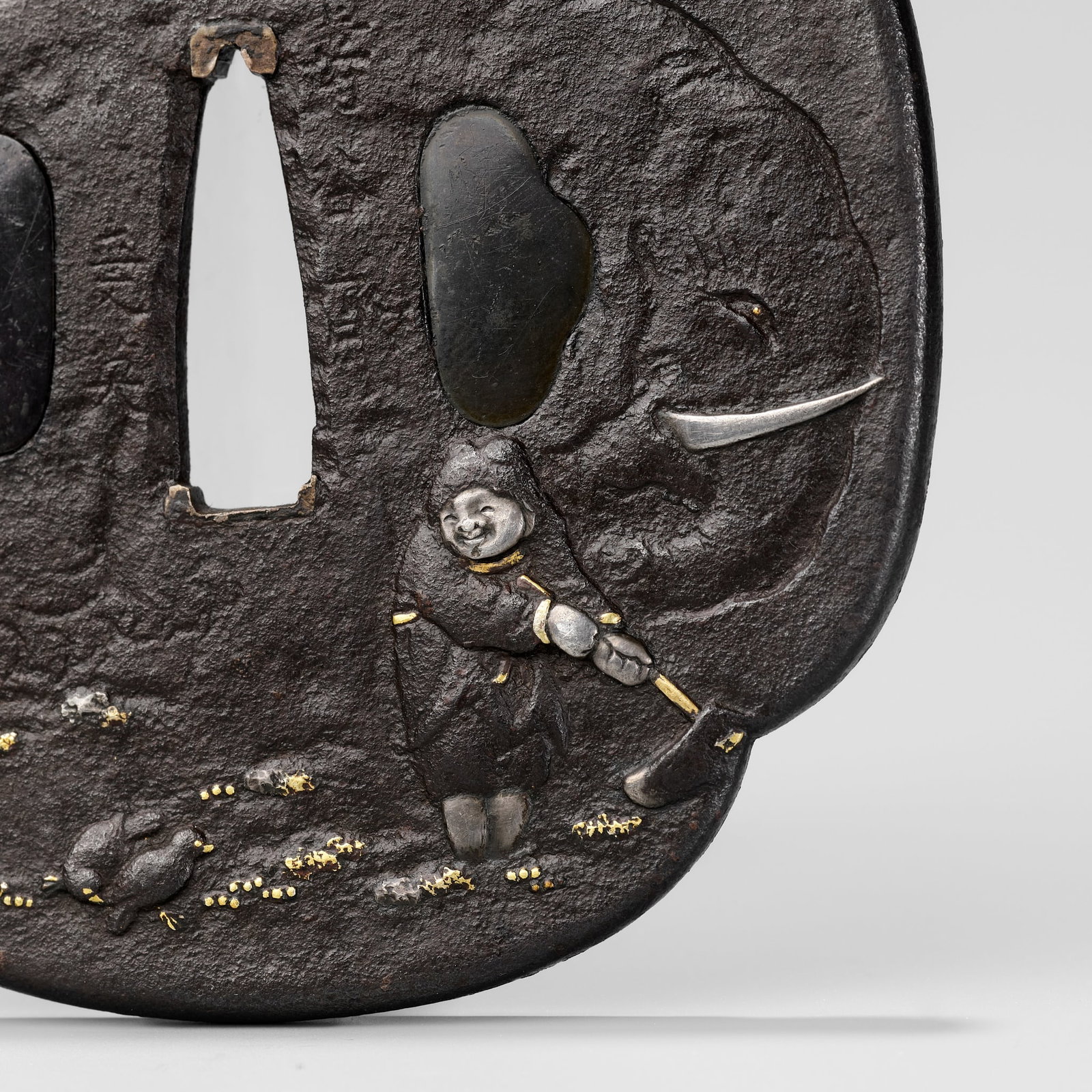 JUKOKUSAI MASAHIDE: A RARE IRON TSUBA DEPICTING TAI SHUN, WITH AN NBTHK TOKUBETSU KICHO CERTIFICATE: JUKOKUSAI MASAHIDE: A RARE IRON TSUBA DEPICTING TAI SHUN, WITH AN NBTHK TOKUBETSU KICHO CERTIFICATE By Jukokusai Masahide, signed Jukokusai Masahide Japan, early 19th century, Edo period (1615-1868) O